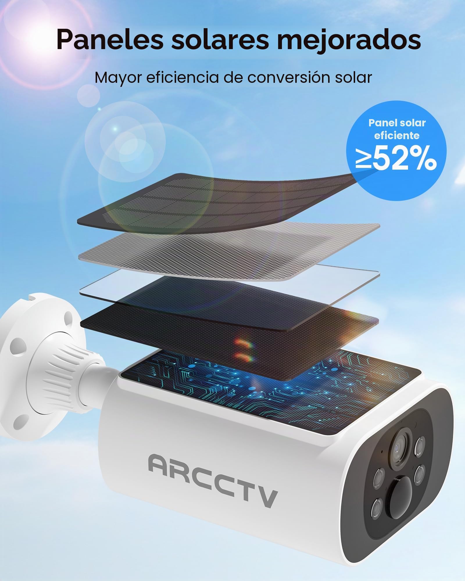ARCCTV Cámara de Vigilancia 4MP con Energía Solar, Panel Solar Integrado | Wi-Fi de 2,4 GHz/5 GHz, Inalámbrica para Exteriores, Resistente al Agua, Apta para Kits de Cámaras ARCCTV