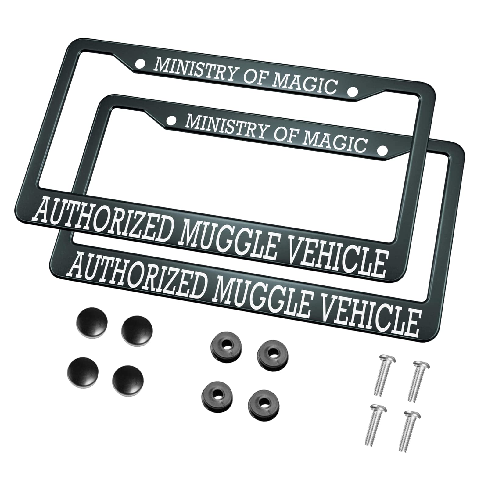 Photo 1 of HOSNYE Ministry of Magic Authorized Muggle Vehicle License Plate Frame Metal 2 Pcs 2 Holes Black Licenses Plates Frames Front Licenses Plate Covers Car Tag Frame for Women Men US Vehicles