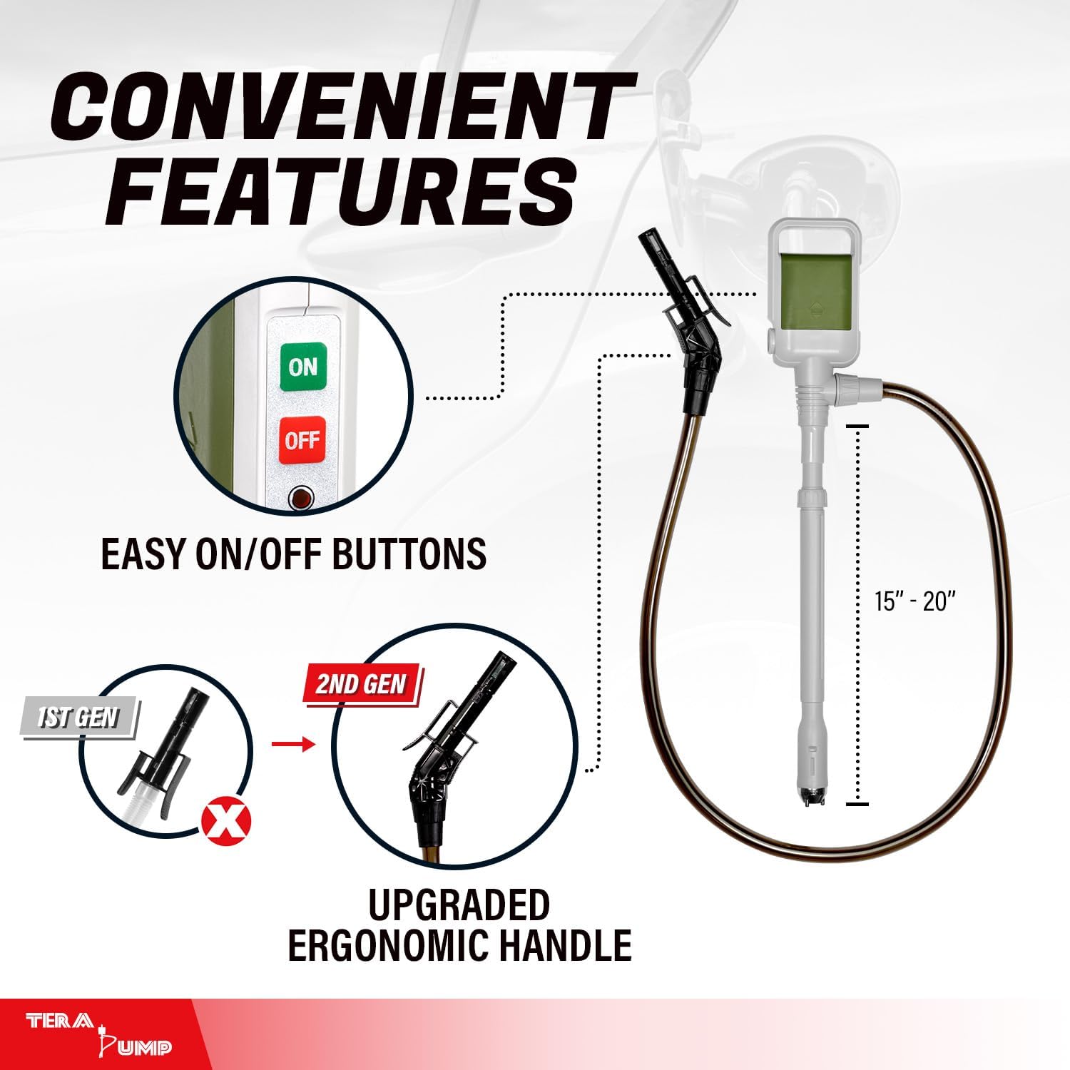 TERA PUMP 2nd Gen. TRCDA Portable Fuel Transfer Pump with Auto-Stop (2.5 Gal/Min) Adjustable Suction Tube, Patented Control Handle, Redesigned Nozzle for Gas/Diesel/Kerosene / E15 to E85