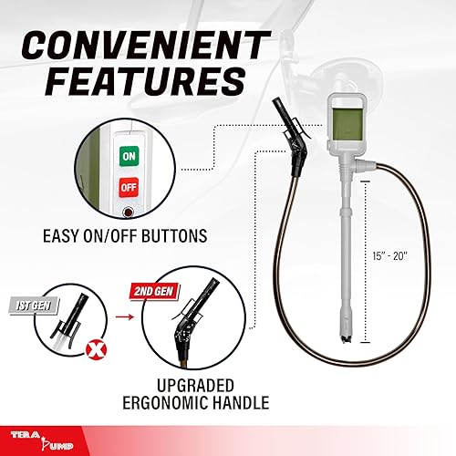 Miniatura 31 de TERA PUMP Bomba de transferencia de combustible portátil TRCDM de 2ª generación con boquilla de control de flujo (2.6 galones/minuto), tubo
