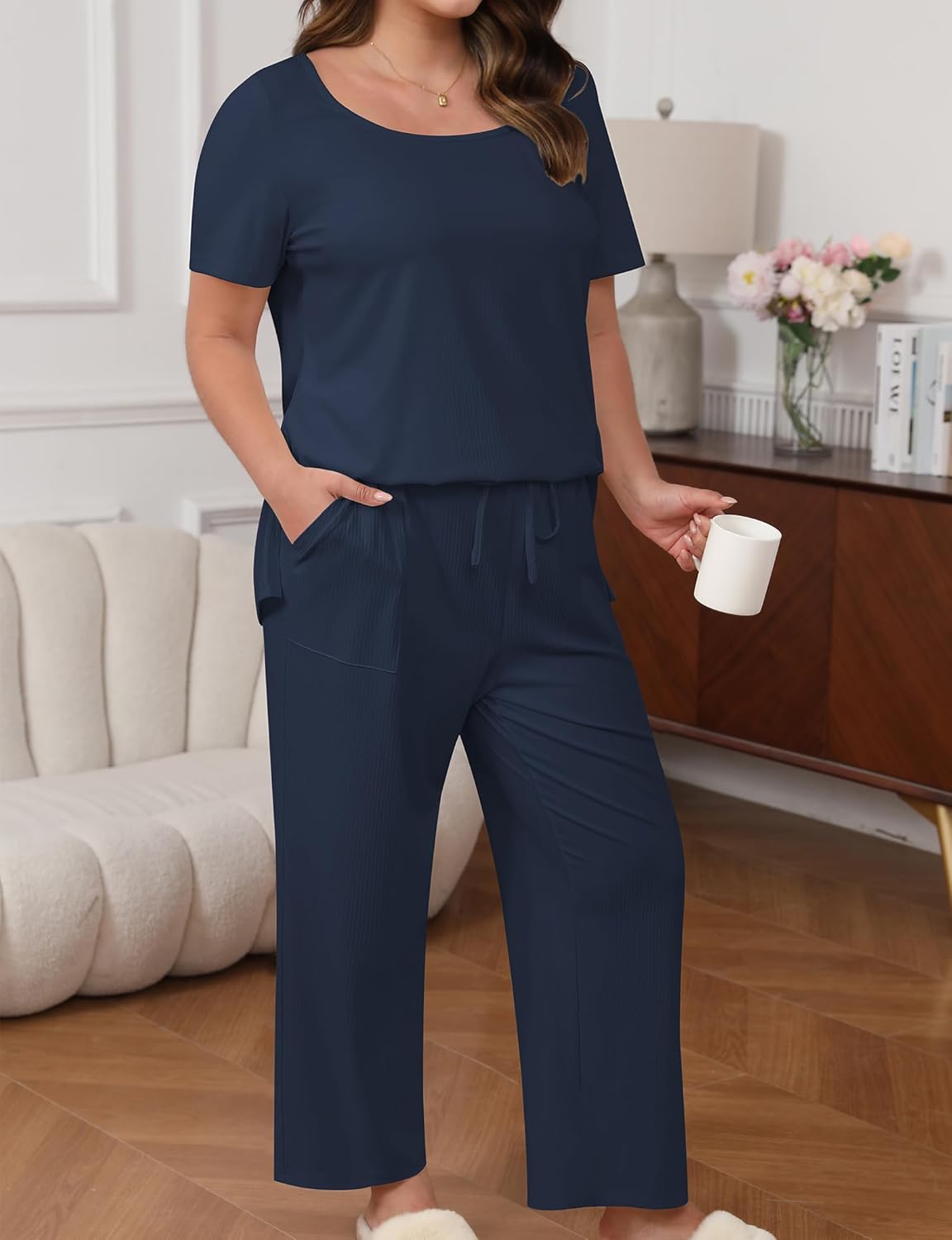 Women’s Plus Size 2 Piece Pajamas Lounge Sets Summer Outfits Short Sleeve Tops Wide Leg Pants with Pockets - Image 3