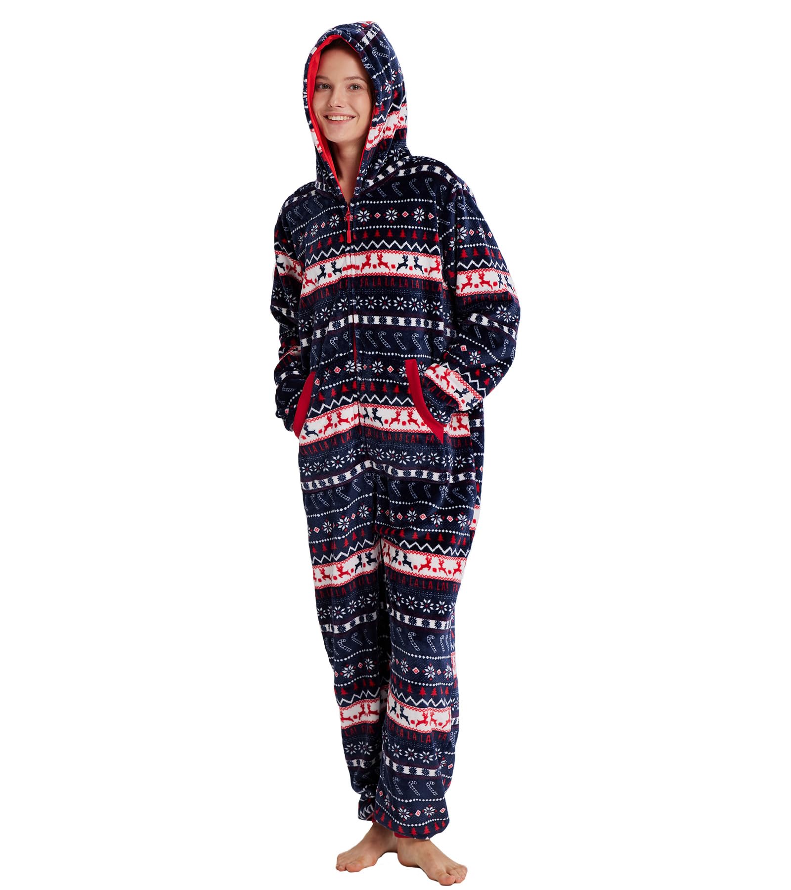 focupaja Unisex Christmas Onesie Pajamas Hooded Comfy Flannel Zipper One Piece Sleepwear Matching Jumpsuit for Family Couples-picture-30