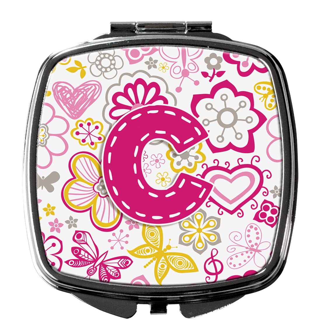 Caroline's Treasures CJ2005-CSCM Letter C Flowers and Butterflies Pink Compact Mirror Decorative Travel Makeup Mirror for Women Girls Gifts Pocket Makeup Mirror Folding Handheld