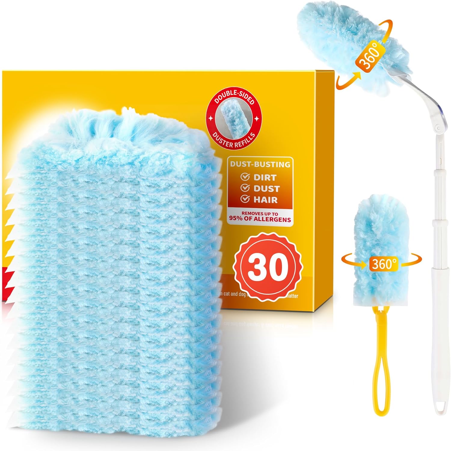 Duster Refills for Swiffer Dusters, Multisurface 360 Dusters with 3ft Extendable Handle and 1 Short Handle, Disposable Duster Kit for Dusting Furniture Blinds Fans Walls (30 Count)