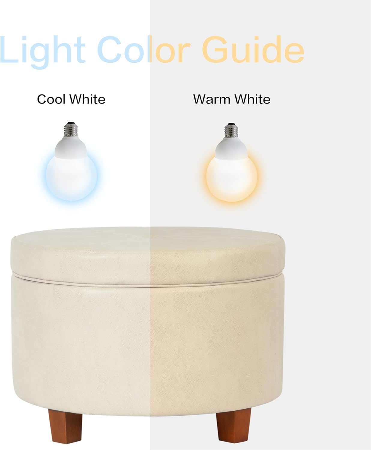 HomePop Large Leatherette Round Storage Ottoman with Removeable Lid, Cream