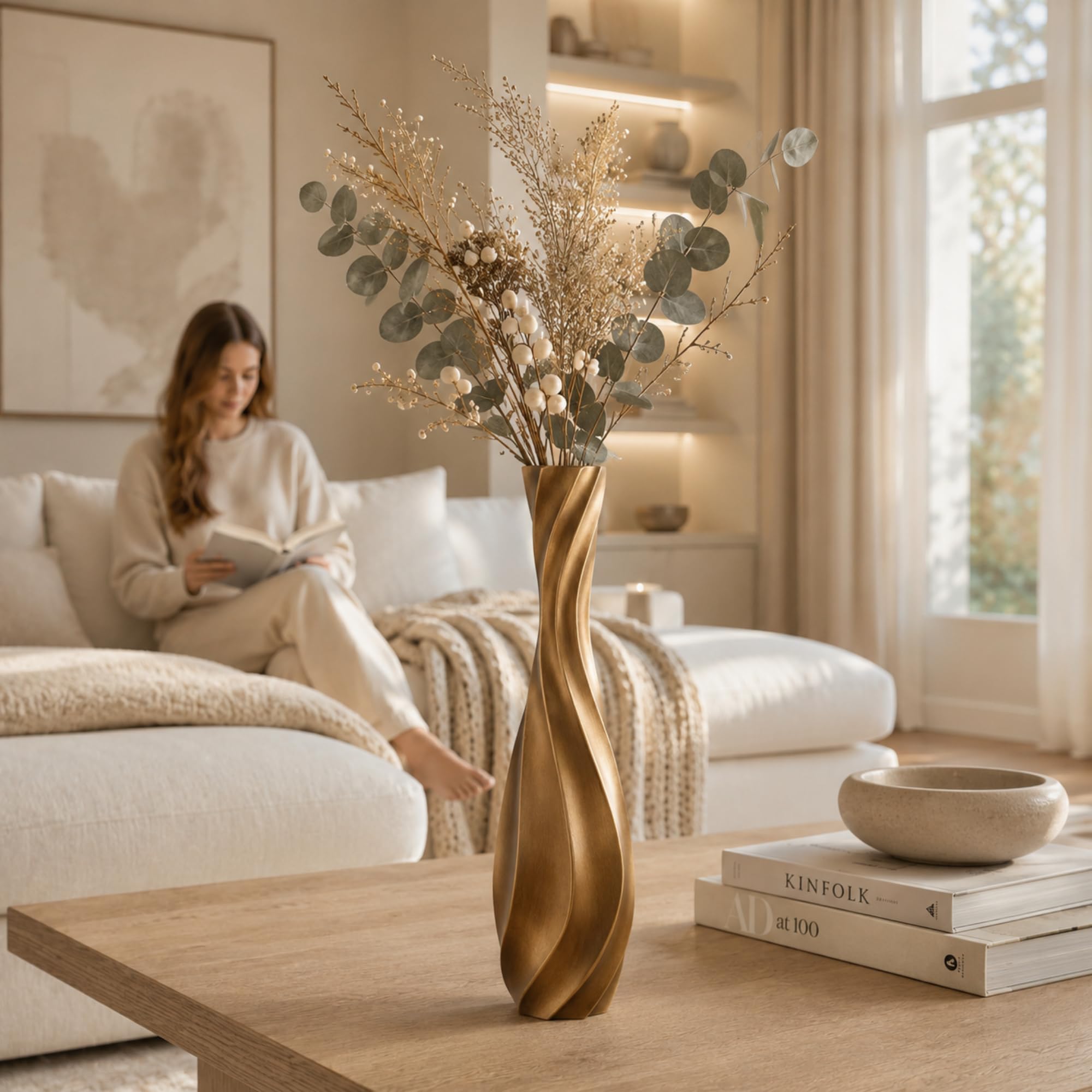 Leewadee Gran Jarrón de Suelo 50 cm Poliresina para Pampa & Flores Secas | Jarrón deco para el salón: impermeable para flores frescas, ideal para Pampa & ramas, aspecto cerámica pero más resistente