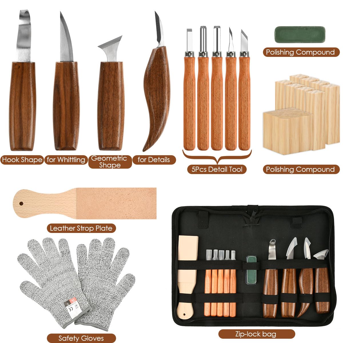 23pcs Kit Sculpture Bois, Kit de Sculpture Sur Bois avec 5 Couteaux à Détails, 4 Couteaux à Sculpter, 9 Bois à Sculpter, Pâte à Polir, Gants, Sac PU, Kit Sculpture Sur Bois, pour débutants&pros