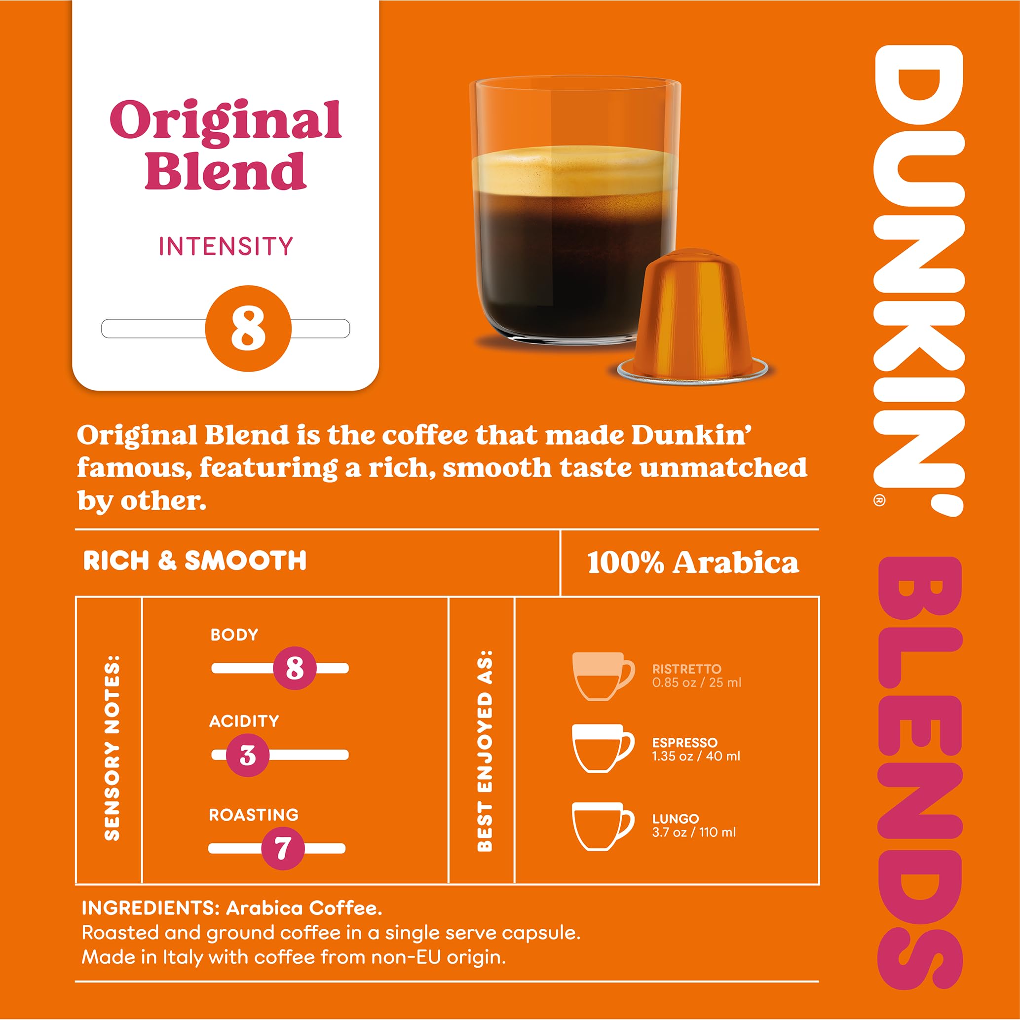 Dunkin’ Donuts Signature Blend – 100 kapsułek kawy kompatybilnych z Nespresso – 100% Arabica – Ekskluzywna mieszanka – Kawa bogata, zrównoważona i aromatyczna