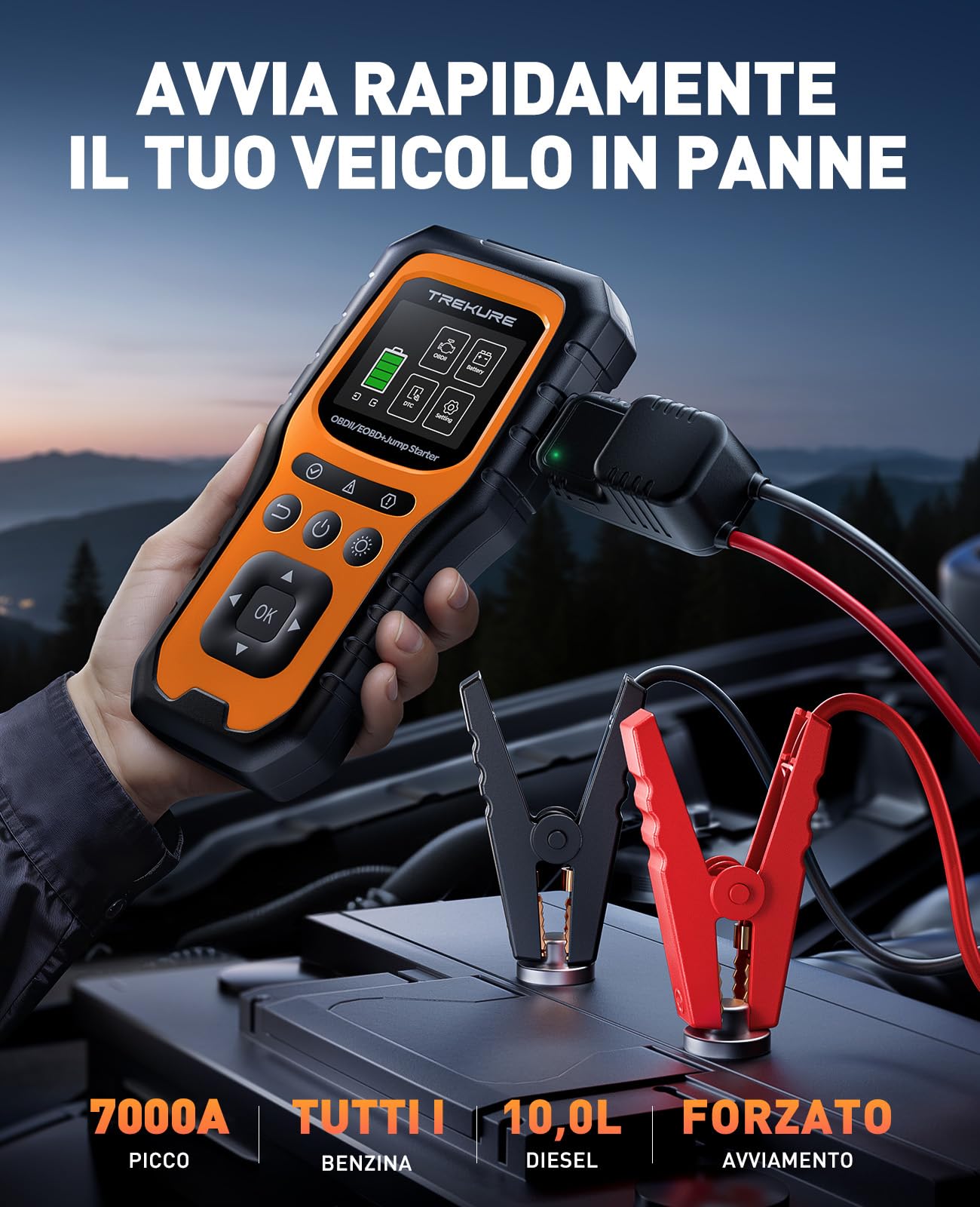TREKURE Booster Avviamento Auto con OBD2 Diagnostica, 7000A Avviatore Di Emergenza (Tutti Gas o 10L Diesel), Portatile 12V Avviatore Batteria Auto con LED, OBDII, Tester Batteria, Power Bank
