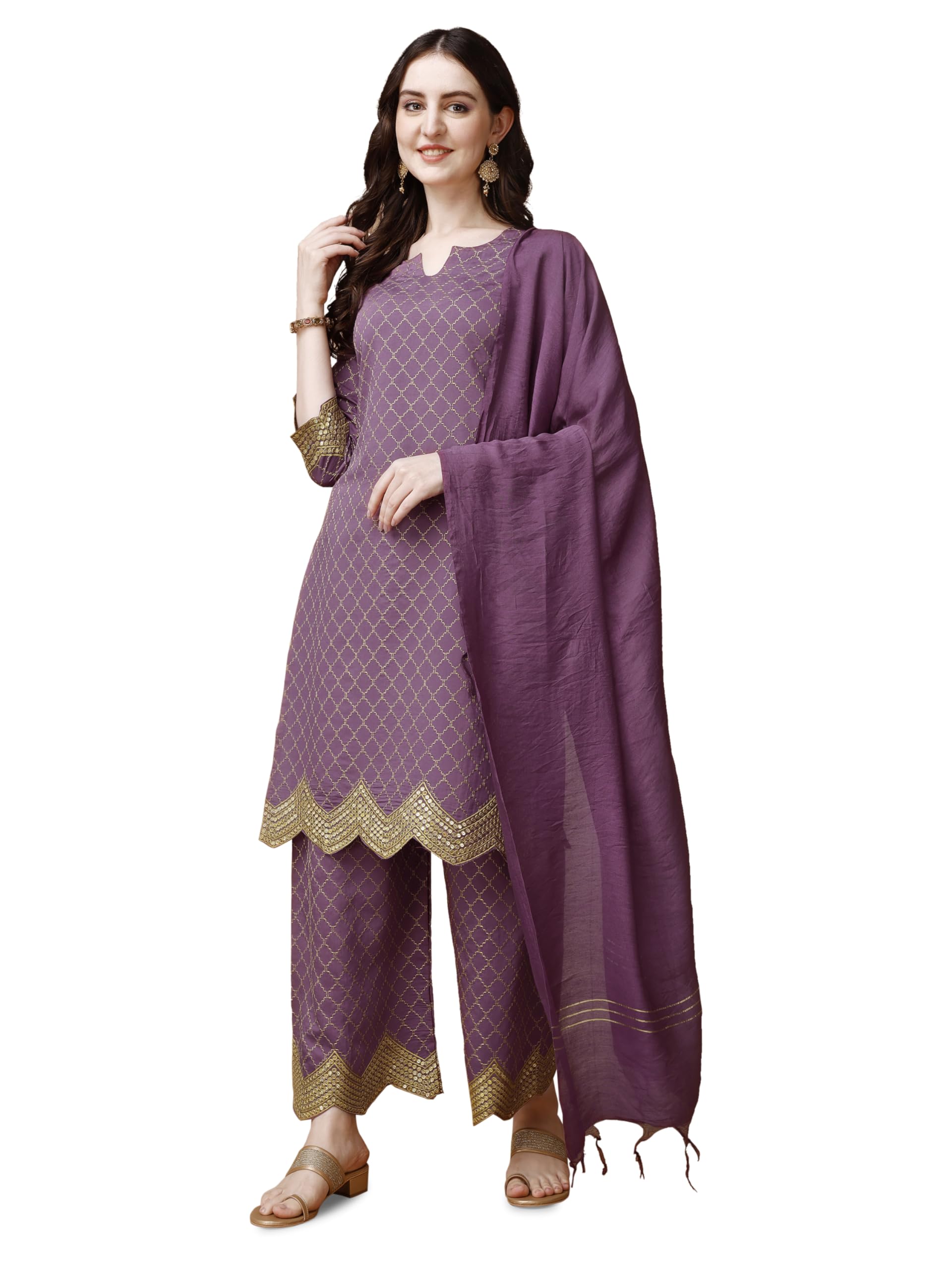 Pratham Blue Kurta Set For Women Silk Embroidered Straight Kurta Set For Women With Palazzos And Dupatta (Pb-6086-L_Peach Pink)