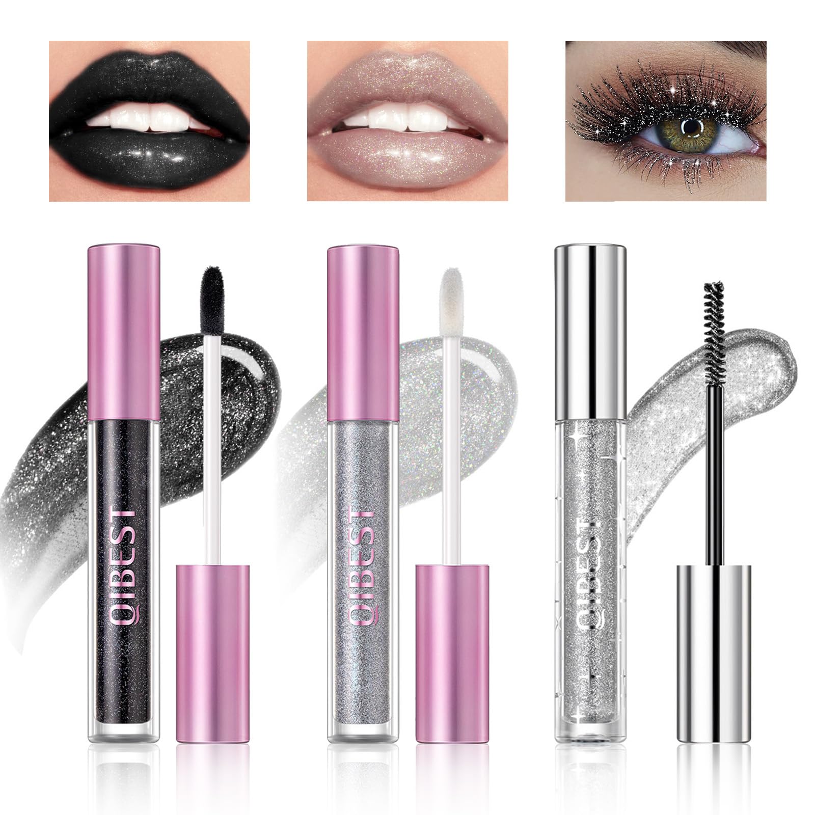 Likesing 3er Make-up-Set – Glitzer-Lippenstift, Wimperntusche & Eyeliner, 24h Halt, Diamant-Effekt
