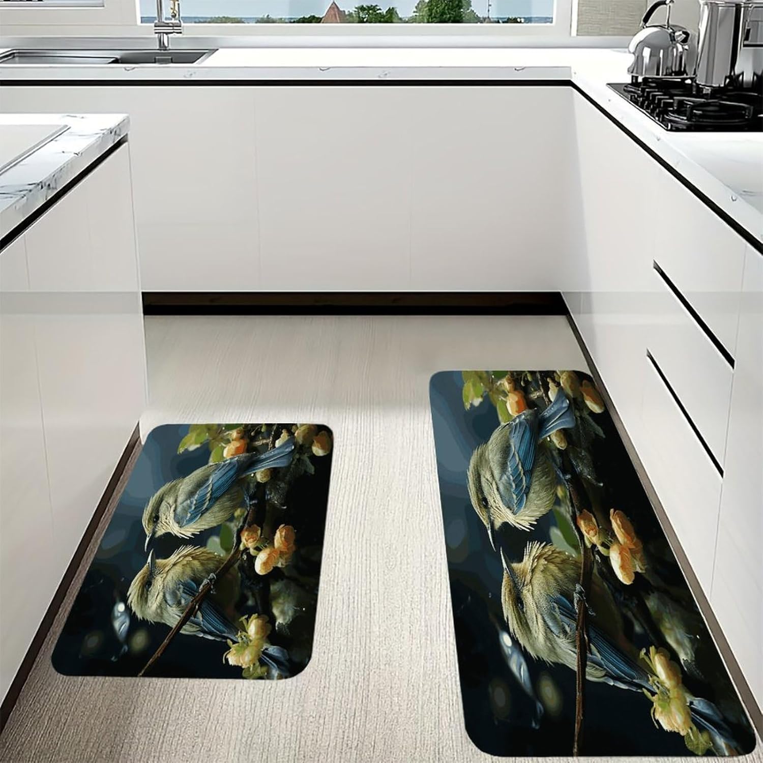 Green Leaves and Birds Kitchen Mats with 2PCS Non-Slip Washable,Kitchen Rug Heavy Duty Durable, Floor Mats for Kitchen,Office,Sink,Laundry