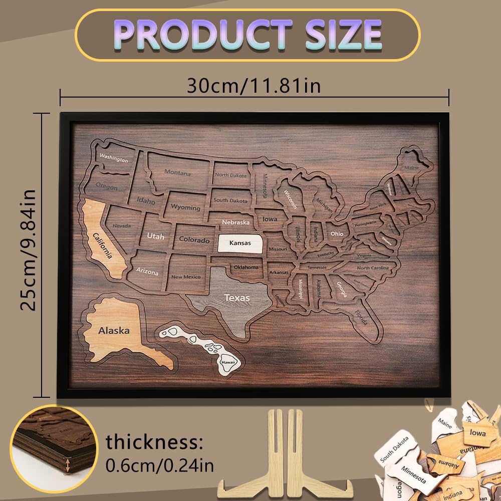 Wooden USA Travel Map Puzzle, Wooden Map of The United States Wall Decor image 2