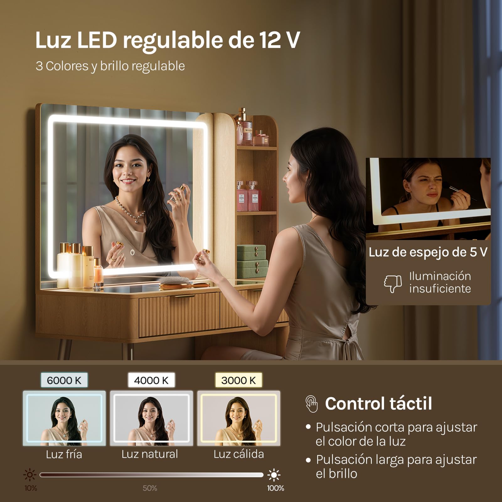 WOLTU Tocador Maquillaje con Luz LED, Encimera de Vidrio Templado, Regleta
