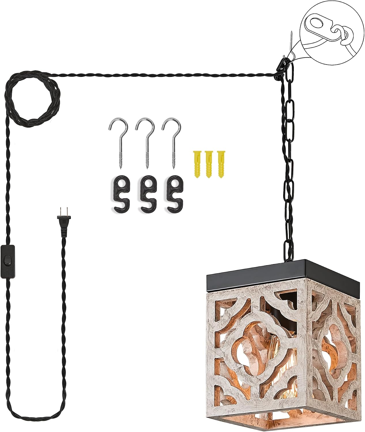 Tarentlight Rustic Wood Hanging Light Plug in, Adjustable Chain Boho Lamp with 13.8FT Cord & On/Off Switch, Farmhouse Pendant Lighting for Kitchen Island Livingroom Diningroom Hallway Bedroom.