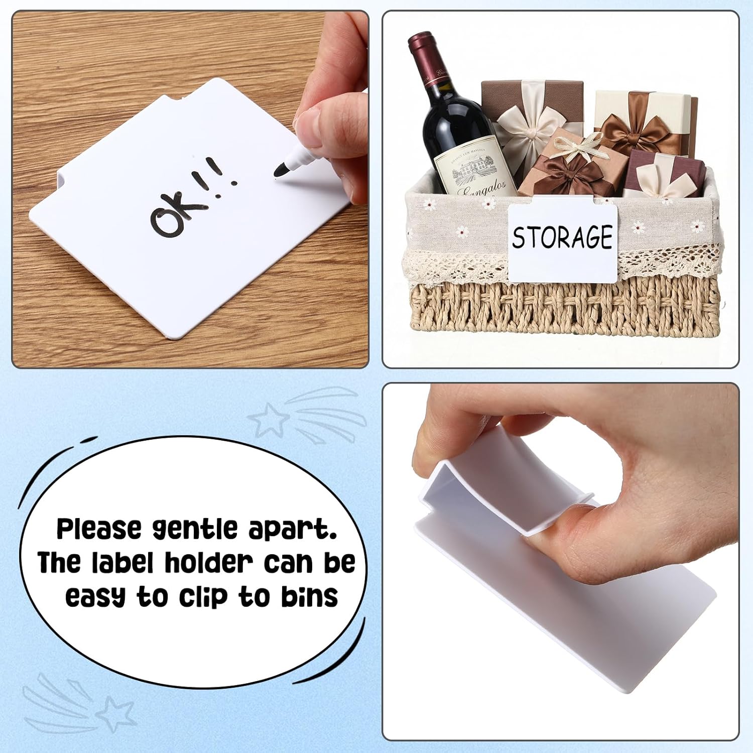 Chinco 80 Pcs Basket Label Clips Set Include 76 Removable Kitchen Clip Label Holder PVC Storage Bin with 4 Chalk Markers for Basket Kitchen Pantry Organization (White Black Clip, White Black Pen)