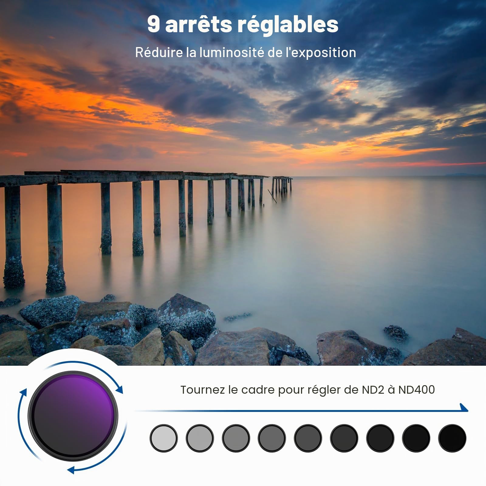 NEEWER Filtre ND Variable 67mm ND2-400 (1-9 Arrêts) avec Bouchon d'Objectif,Cordon,Chiffon,Réglage Précis de Densité Neutre,Verre Optique Multicouche Résistant aux Empreintes Digitales et aux Rayures