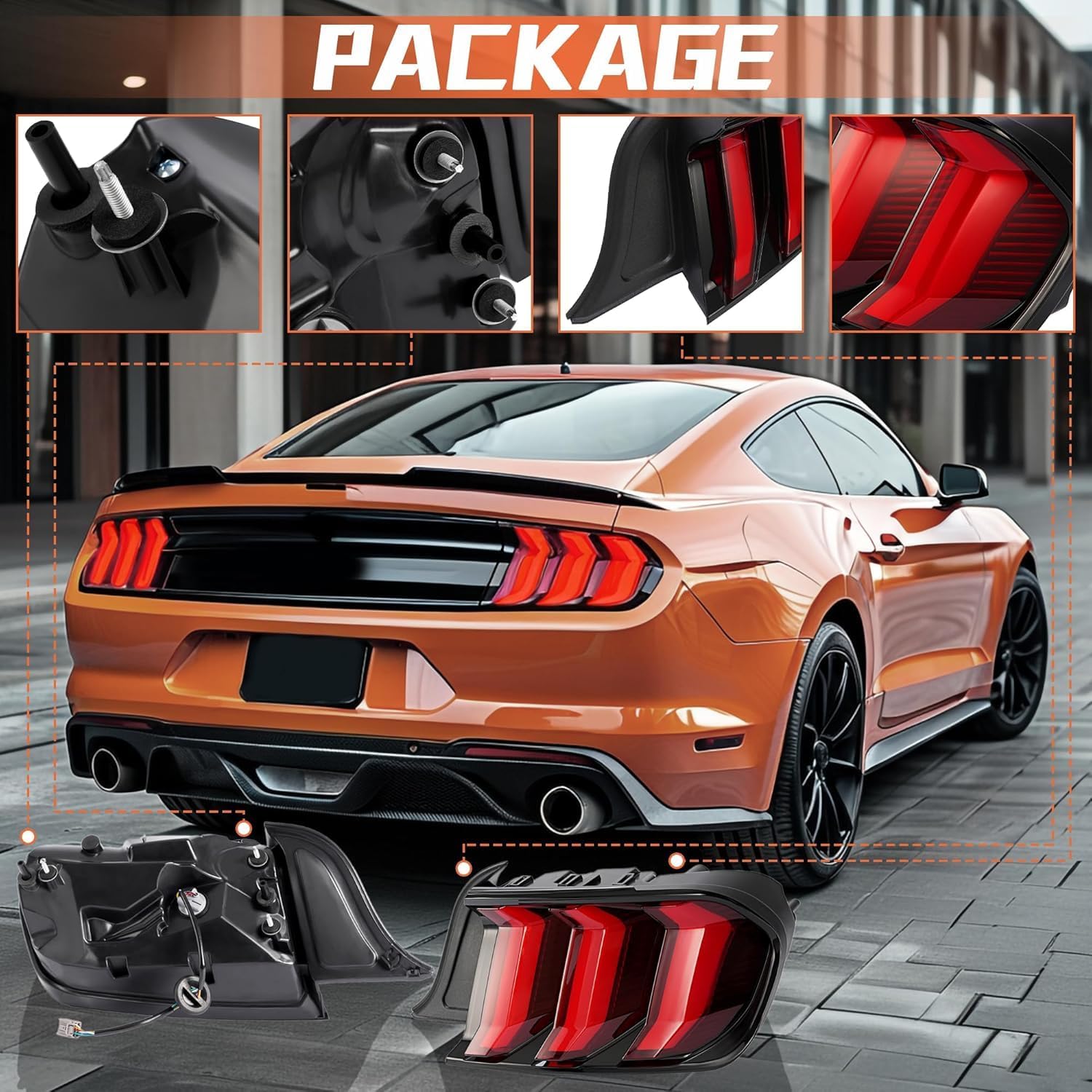 HECASA Tail Lights Compatible with 2015-2023 Ford Mustang Five Models Sequential Full LED Taillights Tail Lamp with LED Tube Turn Signal Left and Right (Red Lens+Black Housing)