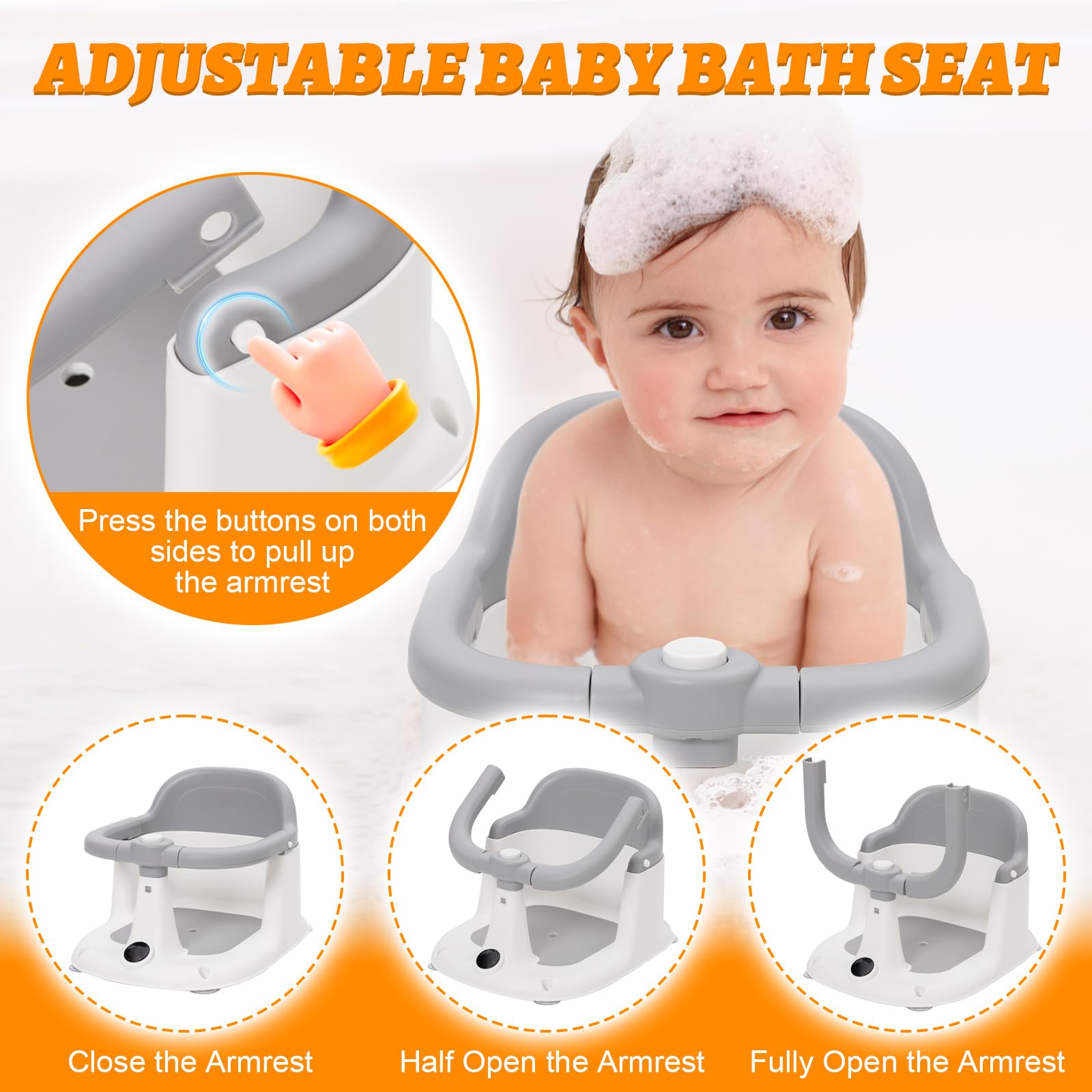 Siege de Bain pour Bebe de 6 Mois et Plus, Anneau de Bain Bébé avec 4 Ventouses Puissantes,Antidérapante, Installation Facile,Portable,Transat de Bain de 6 à 24 Mois,pour Douche ou Baignoire(Gris)