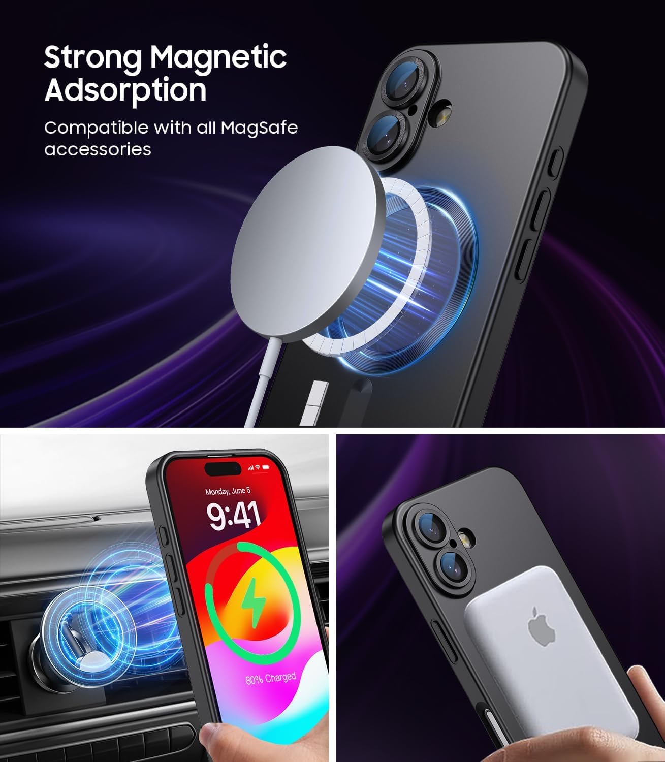 DIZORO Magnetic Case for (iPhone 17 Case) [Compatible with MagSafe][Built-in Camera Lens Protector] Slim Soft Silicone Bumper Shockproof Metallic Luster Back Cover Phone Case (Black) — Amazon image 3