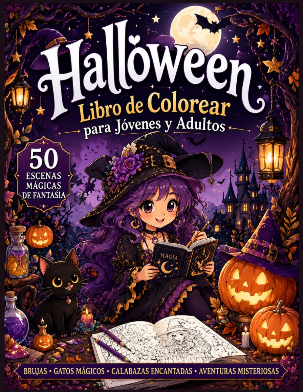Libro de Colorear Halloween para Jóvenes y Adultos: 50 Escenas de Fantasía Anime, Brujas Encantadoras, Gatos Mágicos y Aventuras Misteriosas, Diseños ... Estrés y Disfrutar del Espíritu de Halloween