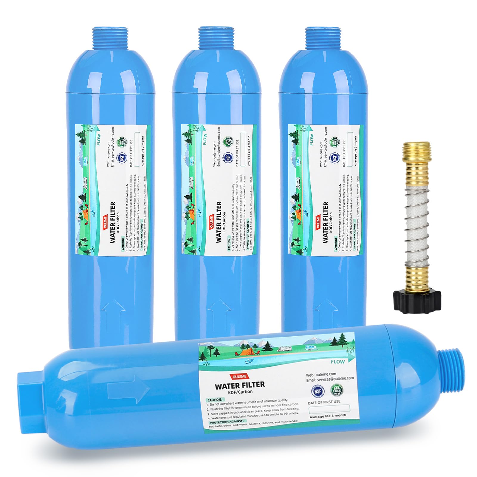 OULEME Filtro de agua para caravana, filtro de manguera de agua en línea para cámper, remolque de viaje, marino, jardín, piscina, certificado NSF, reduce el mal sabor, olores, cloro, paquete de 4