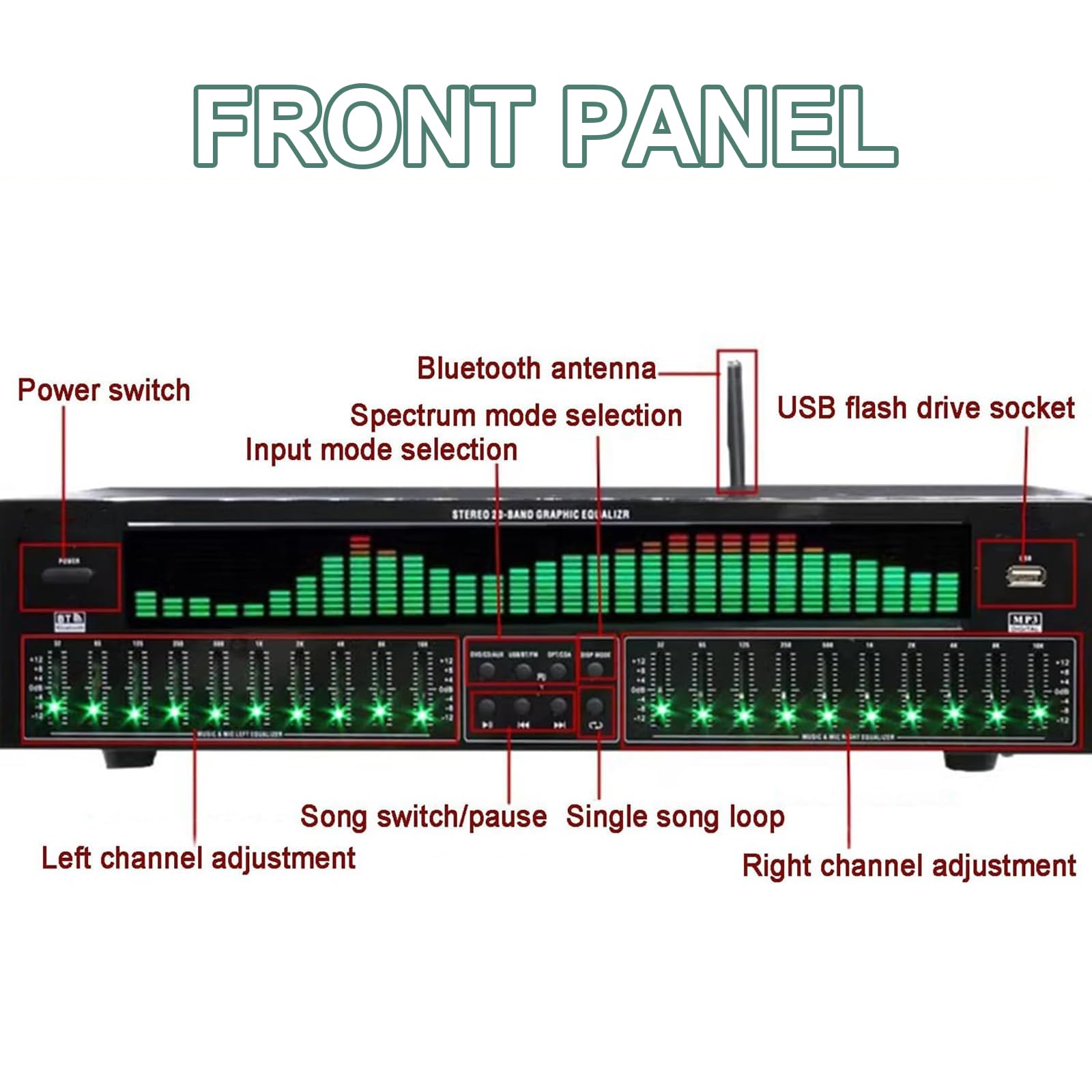 Equalizzatore digitale a 31 bande con riduzione del rumore, display a spettro dinamico, 12 modelli di ritmo, telecomando, cavo audio per palcoscenico, concerto, studio di registrazione