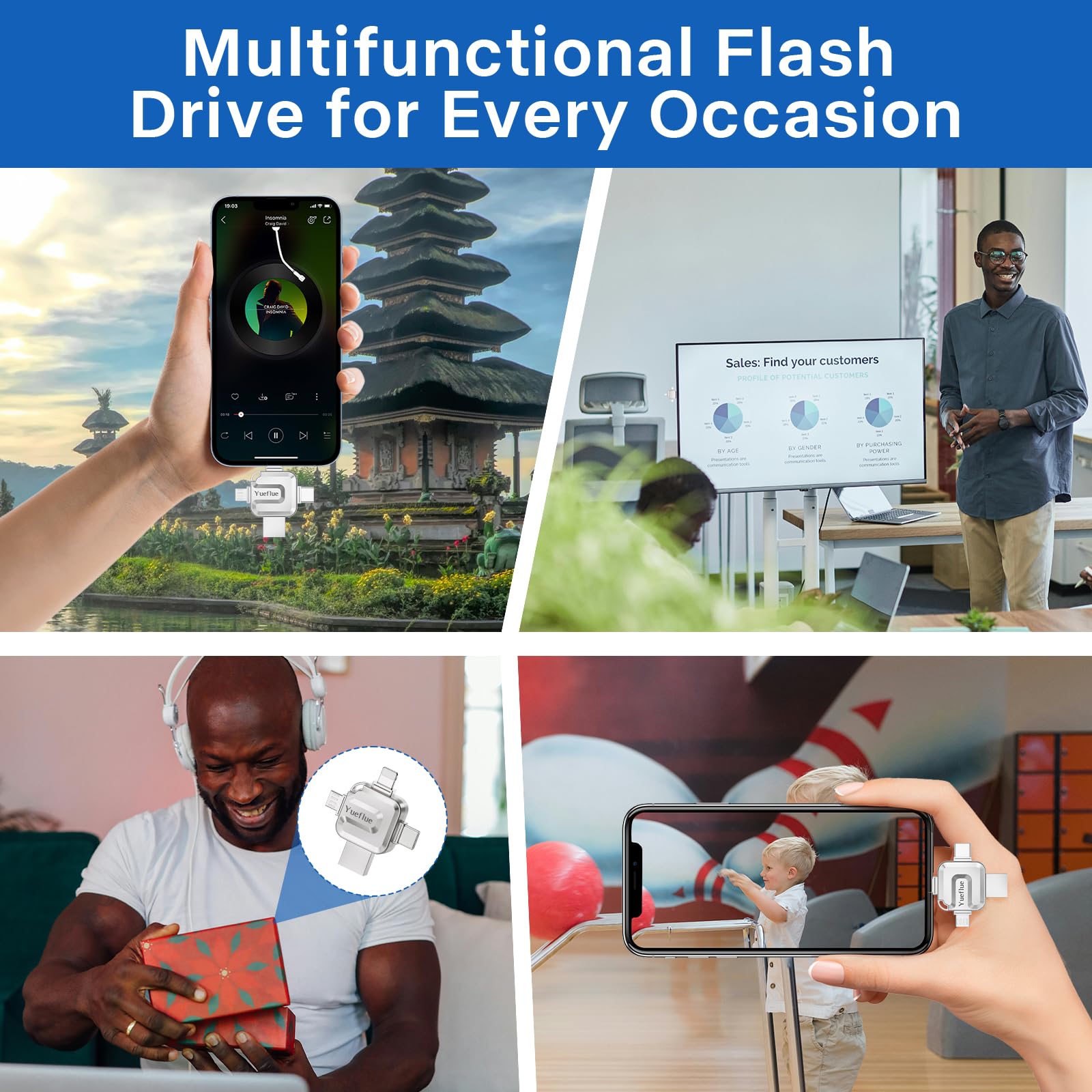 Yueflue 256GB Chiavetta USB per lphone Memoria Esterna per i0S/OTG Android/PC, 4 in 1 Chiavetta USB lphone Pendrive to Salvare più Foto e Video.Non è Necessario Scaricare l'APP.