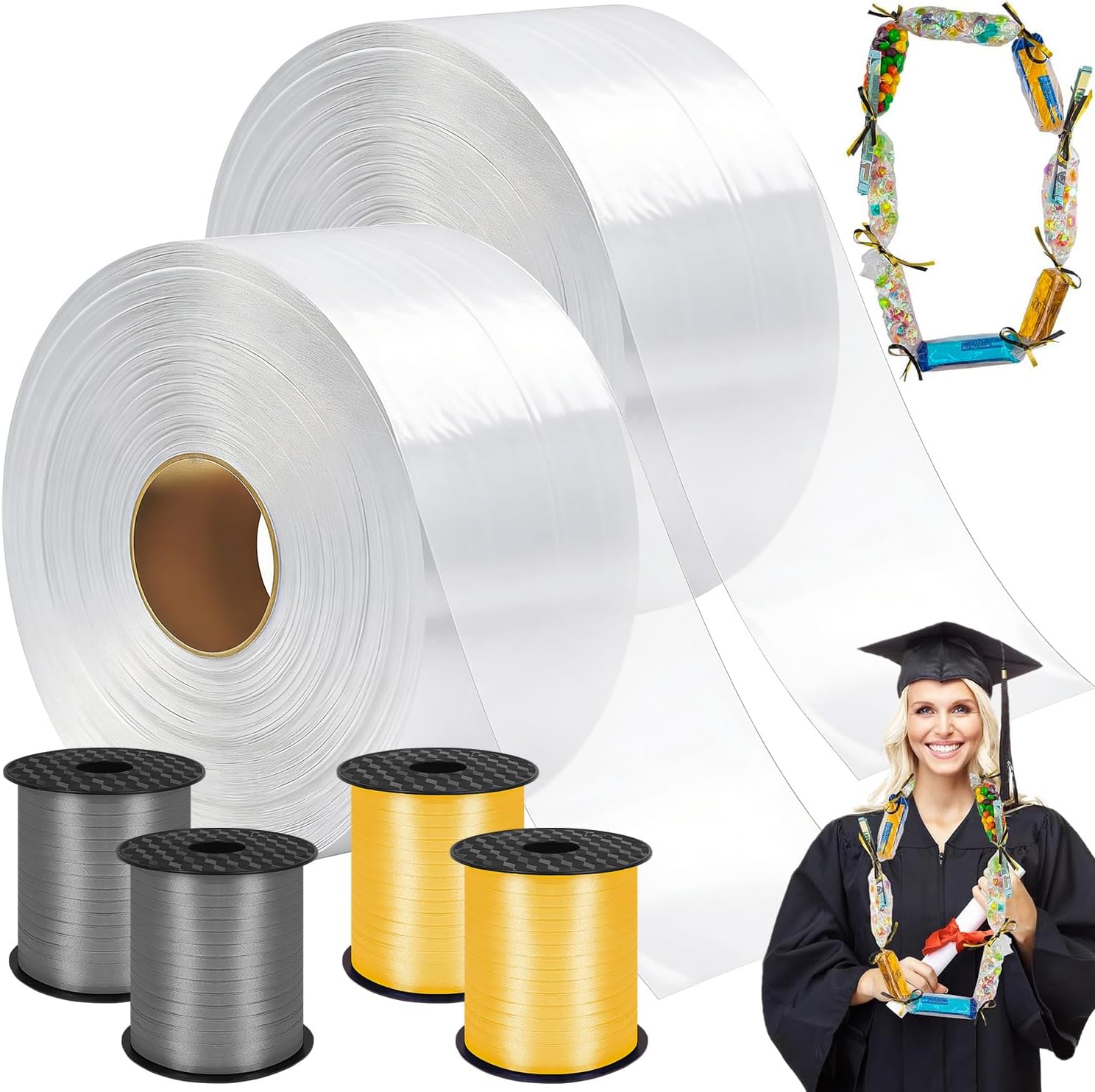 Candy Lei Poly Tubing, 3 Inch x 500 ft Clear Graduation Candy Lei Making Kit with 2 Rolls 250 yd Ribbon, Clear Shipping Poly Tubing for DIY Graduation Wreaths Packing Snacks