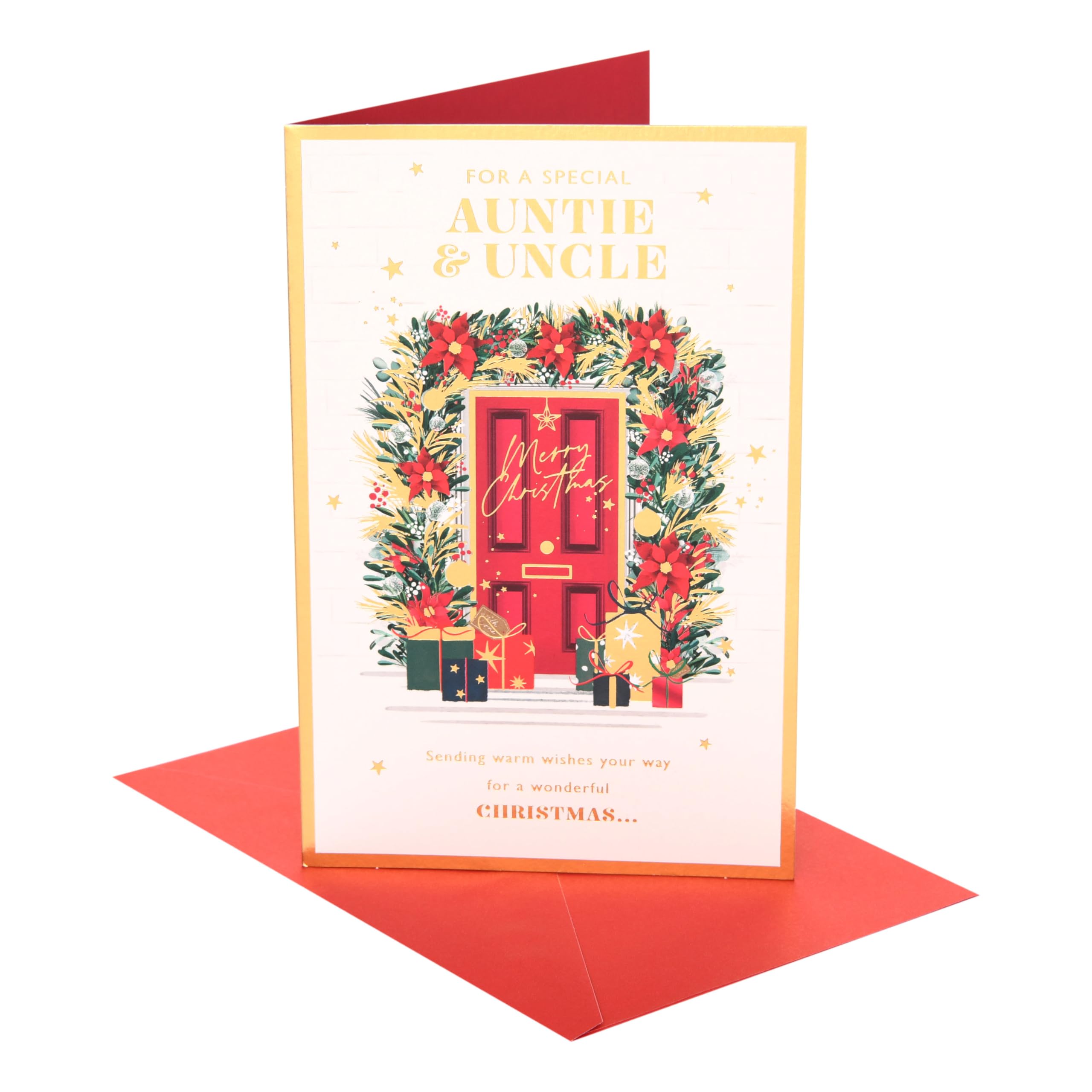 UK Greetings | Christmas Card for Auntie & Uncle | Xmas Presents | Her/Him | Xmas doorway with presents | With Envelope | 21 x 13.7 cm