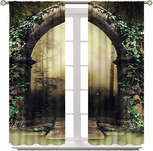 Miniatura 8 de Cortinas opacas góticas, con arco antiguo, bosque brumoso, para ventana, dormitorio, sala de estar, baño, decoración del hogar, 42 x 45 pulgadas de