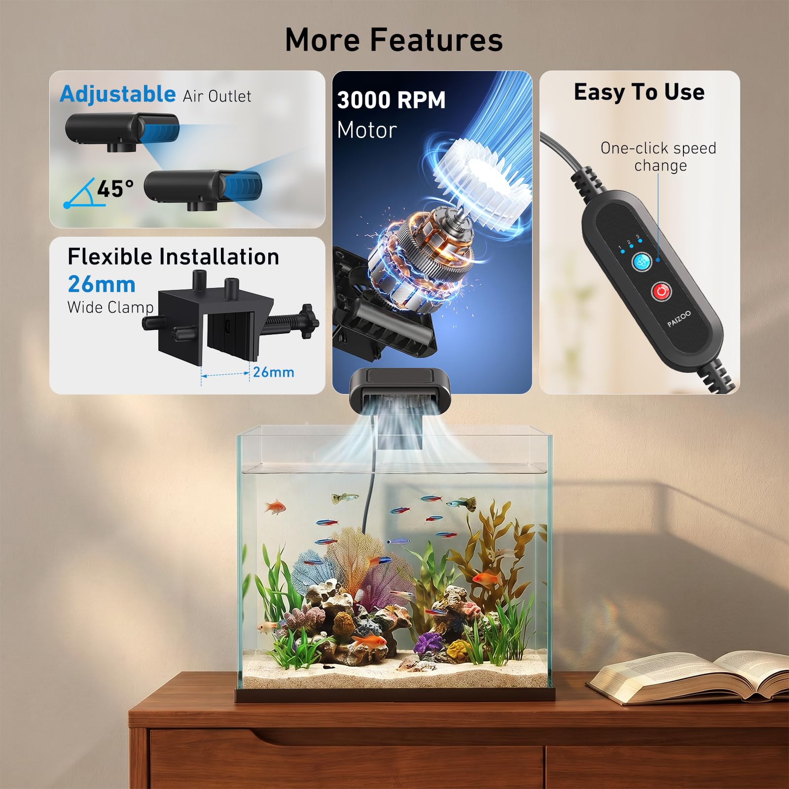 PAIZOO Mini ventilateur de refroidissement pour aquarium ultra silencieux avec 3 modes de vitesse, adapté pour les petits aquariums de bureau, axolotl, poissons rouges, aquariums de poissons-clown
