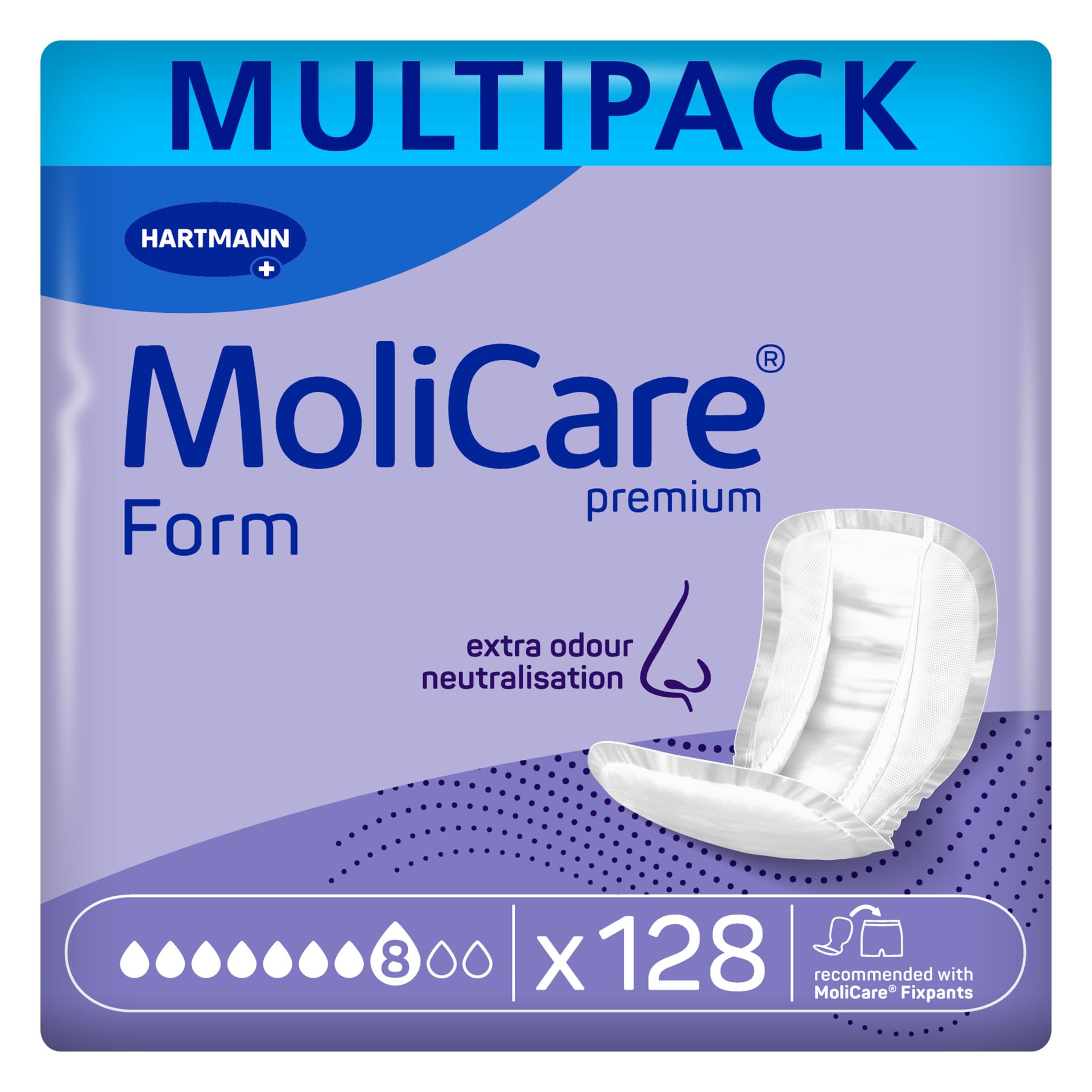 Molicare Premium Form 8 Tropfen, für schwere Inkontinenz: maximale Sicherheit, extra Auslaufschutz und Diskretion für Frauen und Männer, zu verwenden mit MoliCare Premium Fixpants, 4x32 Stück