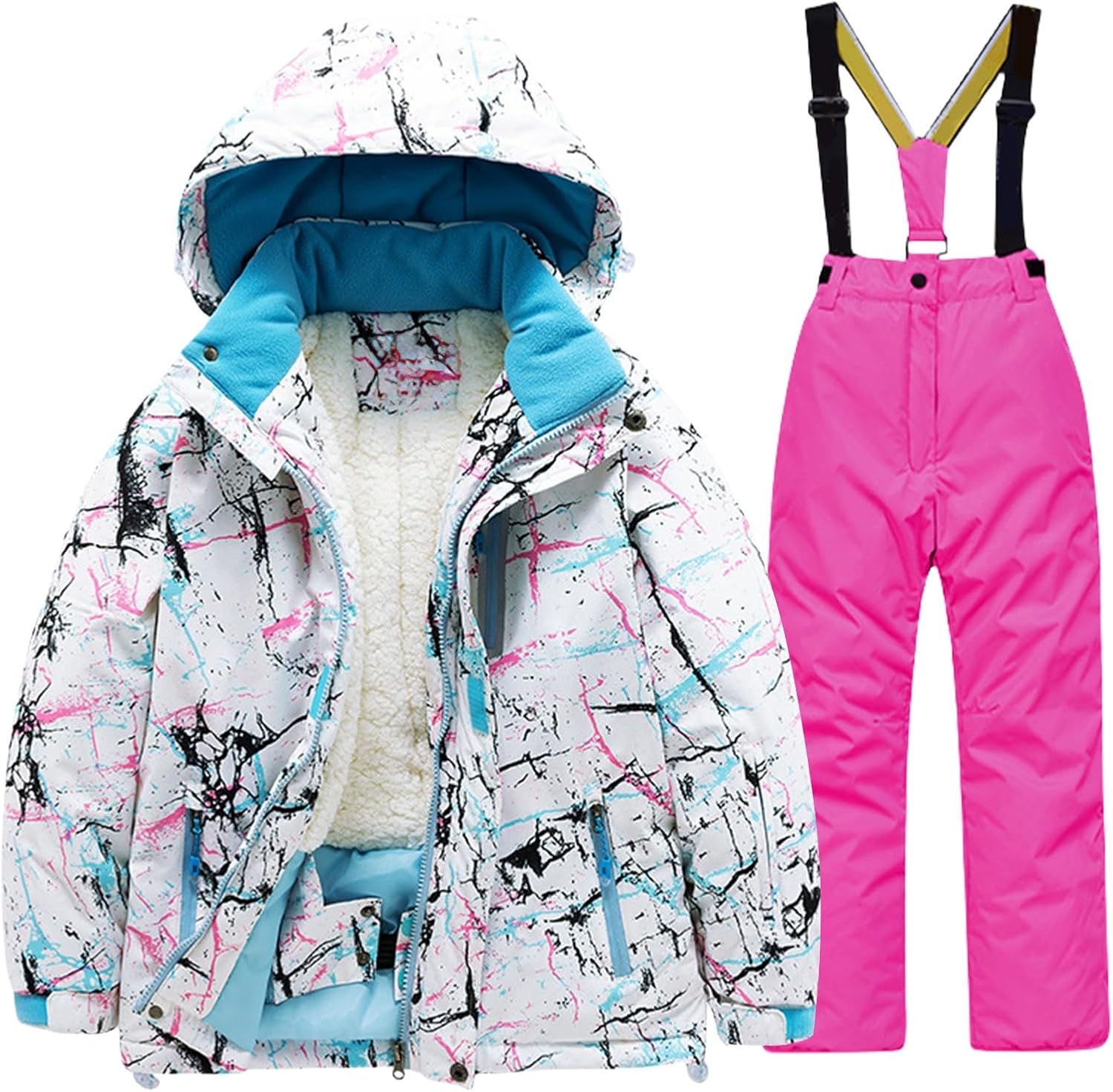 Kids 2 Piece Ski Suit Boys Girls Fleece Lined Hooded Jacket and Snow Pants Bib Overalls Set Snowsuit Snowboarding Outerwear