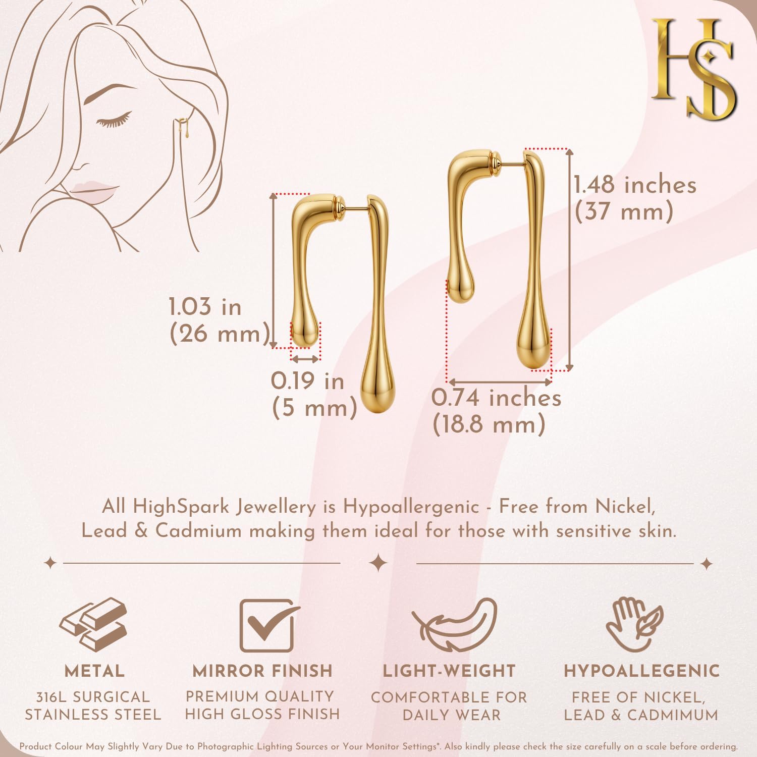 HighSpark Dainty Gold Earrings for Women | 18k Gold Plated Trendy Statement Earrings | Jewelry Gift - Image 2