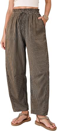 Dokotoo Women's Striped Barrel-Leg Pants with Pockets