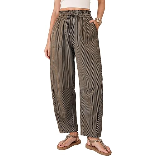 Dokotoo Women's Striped Barrel Casual Pants High Waisted 2026 Elastic Drawstring Trousers