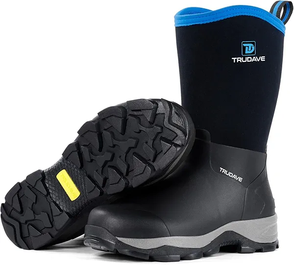 Trudave Rubber Boots for Men with Steel Shank, Waterproof Mid Calf Mens Rain Boots, 5.5mm Neoprene Insulated Mud Work Boots for Garden, Size 6-13
