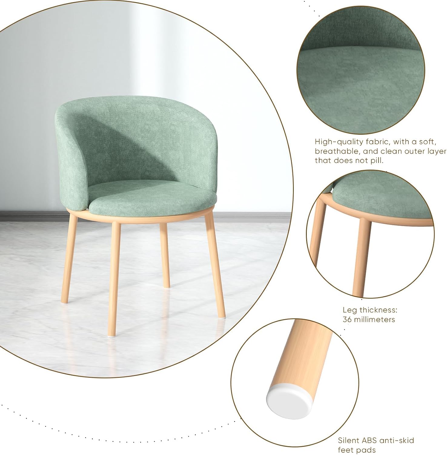Dining Table Chairs Set, 24" Table and Fabric Chairs with Padded Seat for 2, Space-Saving Modern Nordic Furniture with Sturdy Stainless Steel Legs, Easy to Assemble for Home Office (Green)