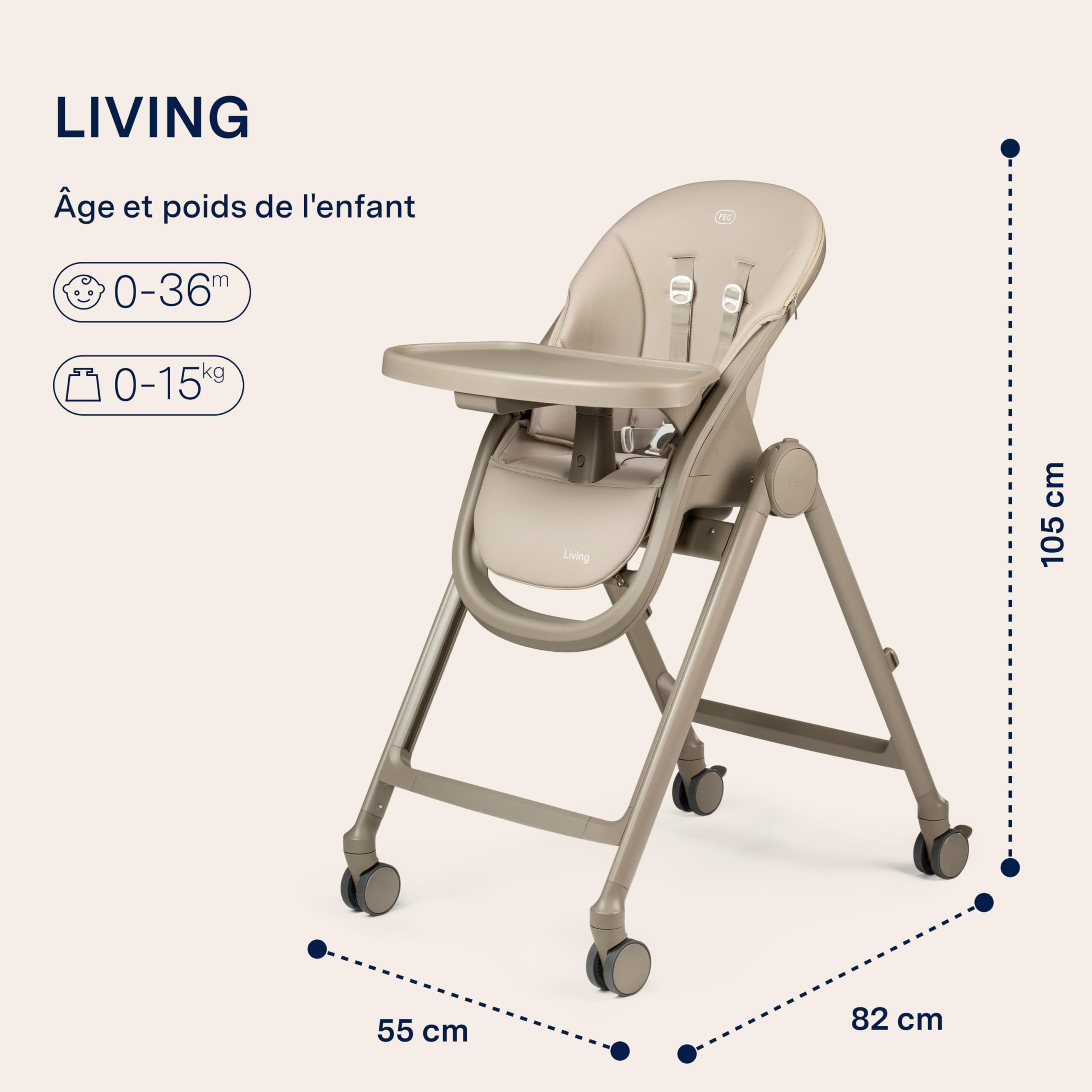 PEG Living Chaise Haute dès la Naissance, Design Contemporain, Fonction Transat, Hauteur Réglable, Double Plateau, 4 Roues 360°, Fermeture Compacte, 0–3 Ans (0–15 kg), Space Sand