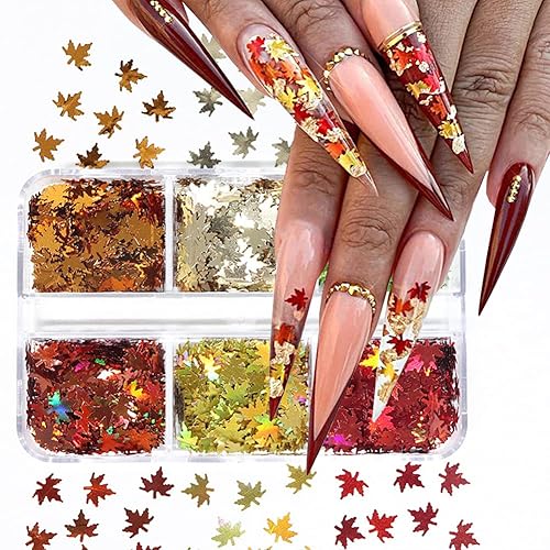Miniatura 3 de Lentejuelas para uñas con purpurina de otoño, hojas de arce, copos con purpurina 3D, láser holográfico en forma de hojas de arce para uñas,