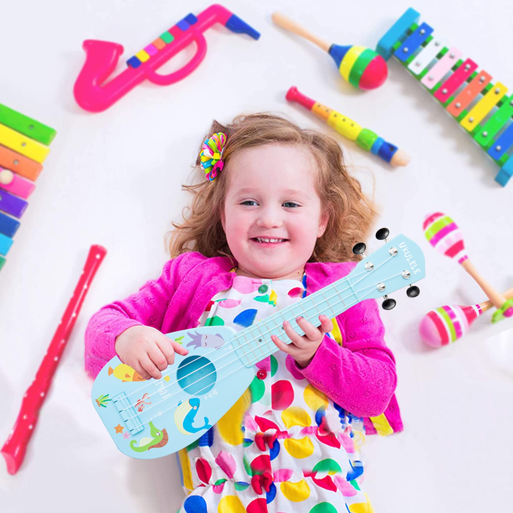 Larfraecy Guitare Ukulélé Enfant Rose – 4 Cordes Réglables, Motifs Animaux, Jouet Musical éducatif Pour Débutants 3-8 Ans, Apprentissage Rythme Et Créativité