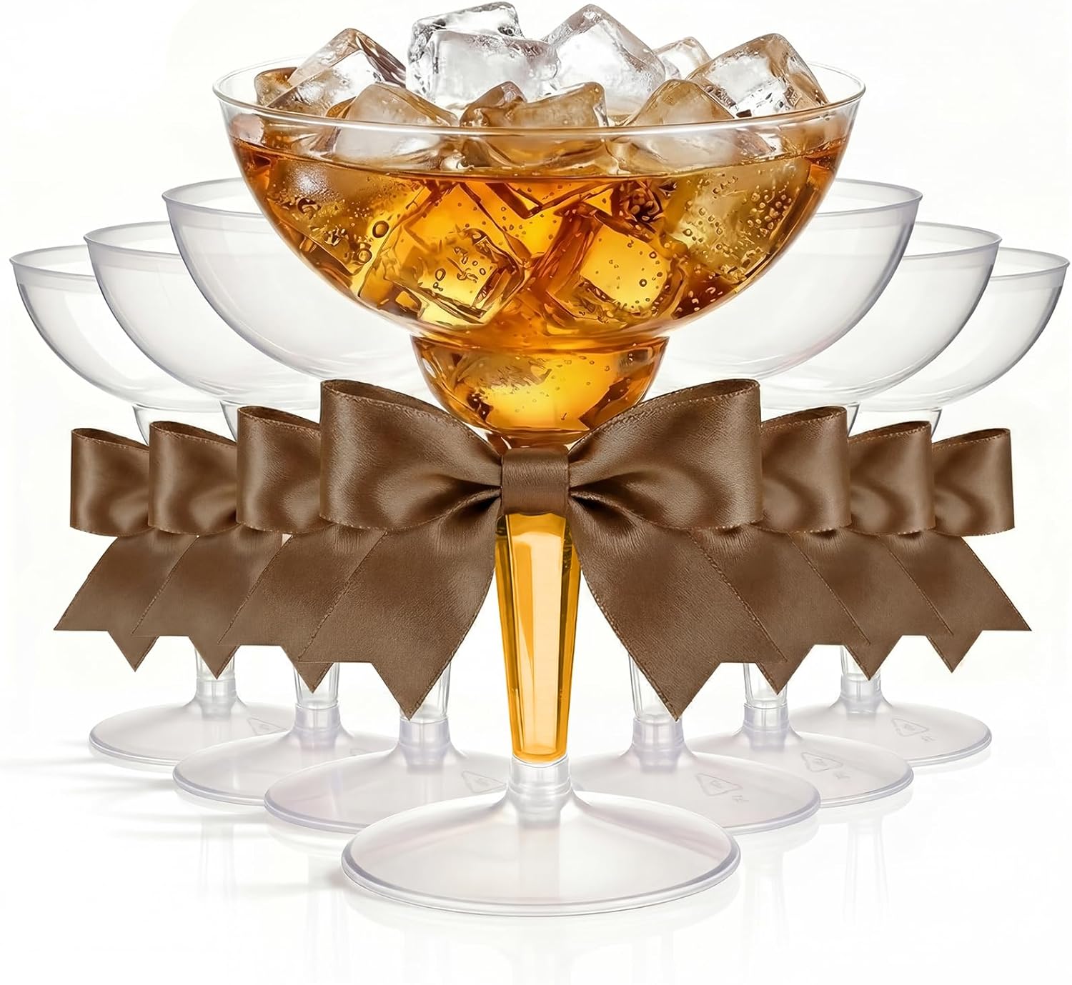 LemonRoad 24 Sets Clear Plastic Martini Glasses with Brown Bows, 12oz Disposable Plastic Margarita Cocktail Cups for Wine, Martini, Champagne Birthday Party Supplies