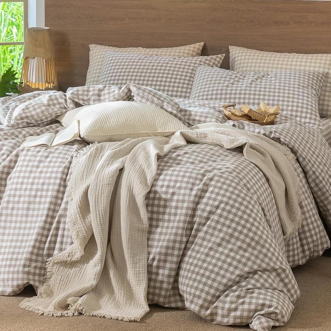 Lanqinglv Bettwäsche 135x200 Baumwolle Blumenmuster,Beige Grün Pflanzen Wendebettwäsche Renforce ÖKO-TEX Bettwäsche Set Vintage Bettbezug mit Reißverschluss und 1 Kissenbezug 80x80 cm