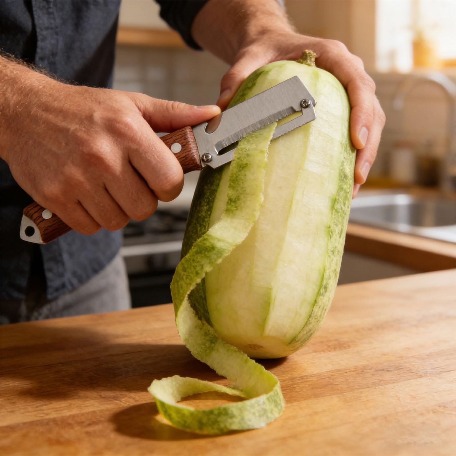 Éplucheur végétale multifonction lame et ouvre bouteille en acier inoxydable ultra tranchant poignée ergonomique antidérapante bois Légumes Manche Bois Massif Décapsuleur Intégré Lame Tranchante - 5
