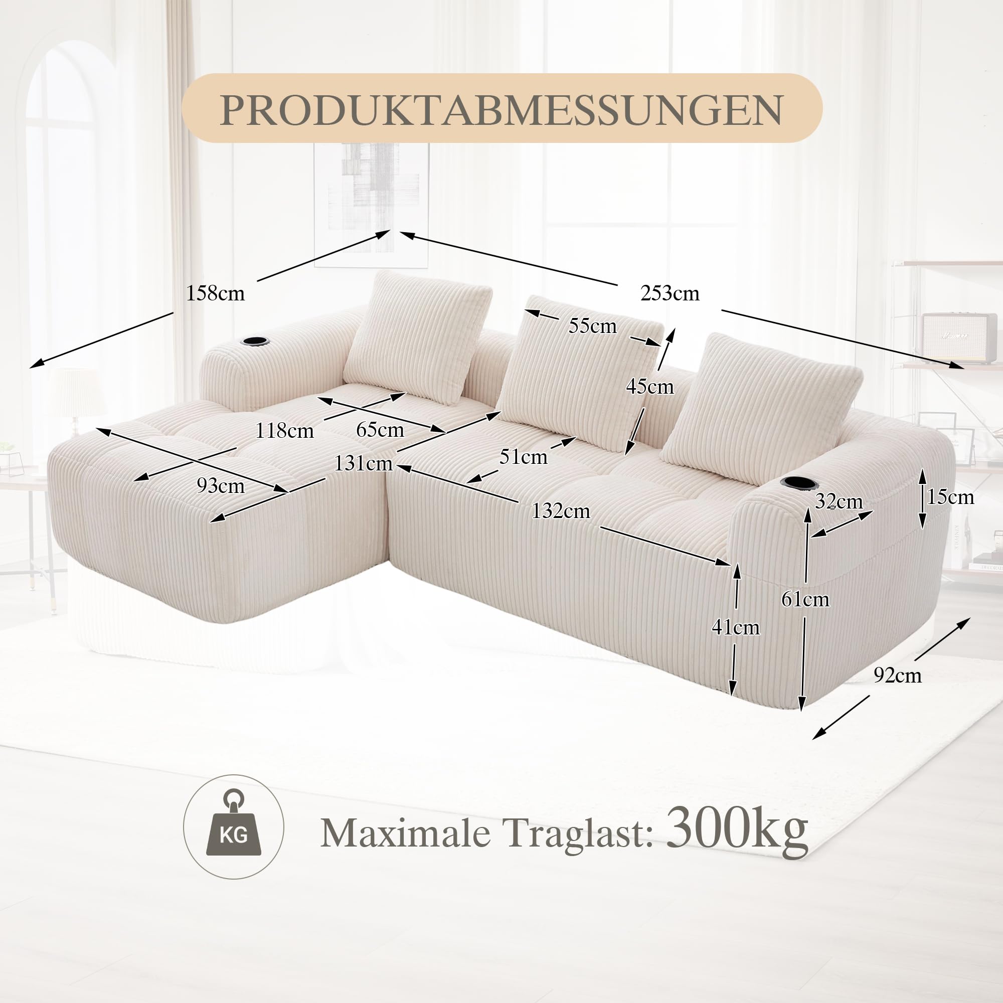 Canapé d'angle convertible, 253 cm, canapé compressé 3 places avec porte-gobelets et poches latérales, canapé modulable en velours côtelé avec méridienne en L pour salon - Aucun montage requis