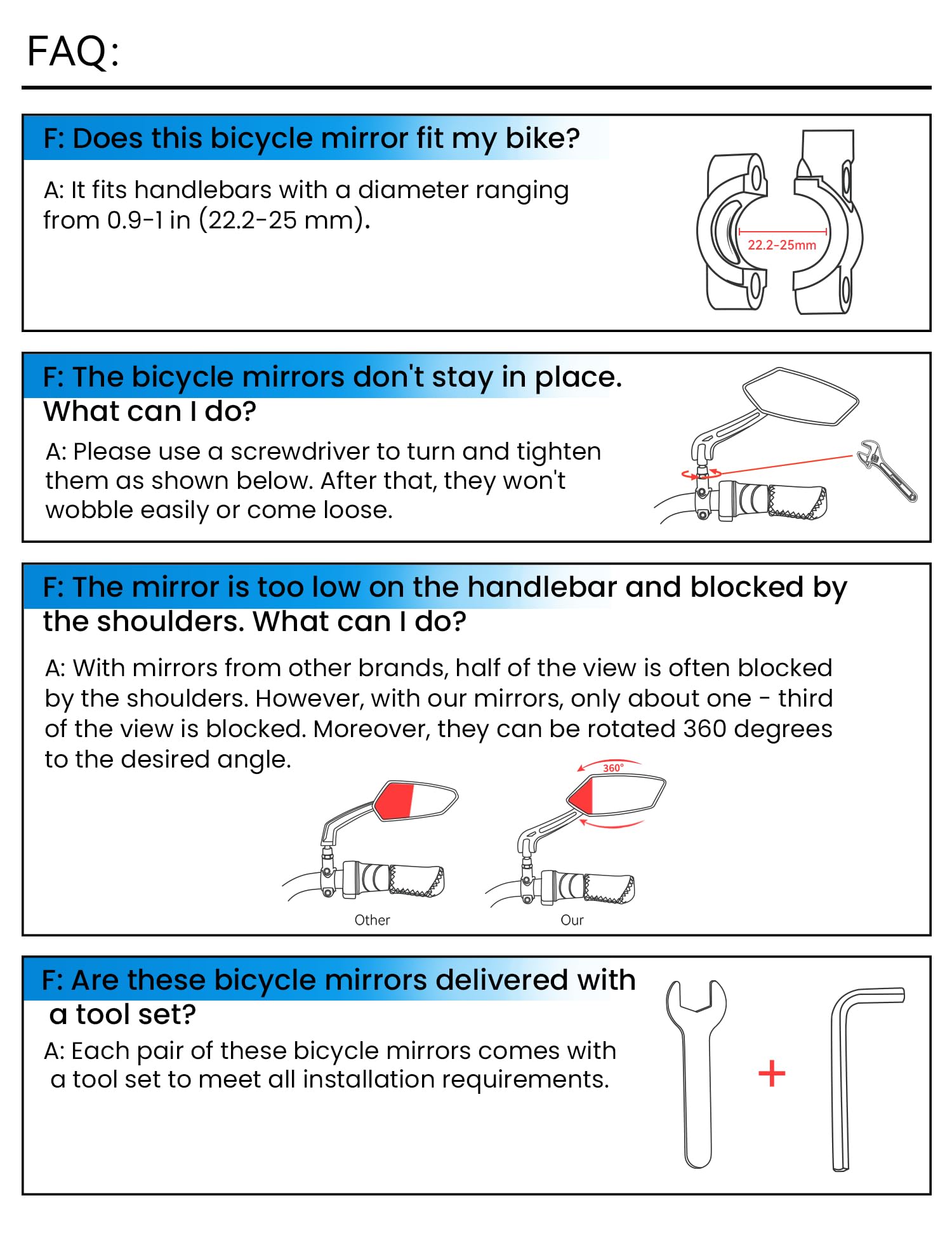 Bike Mirror Handlebar Mount 360° Adjustable 2pcs, Accessories Bike Side Mirror, E Bike Mirrors for Handlebars, Scooter Mirrors for Handlebars with Scratch Resistant Glass, E Bike Rear View Mirror