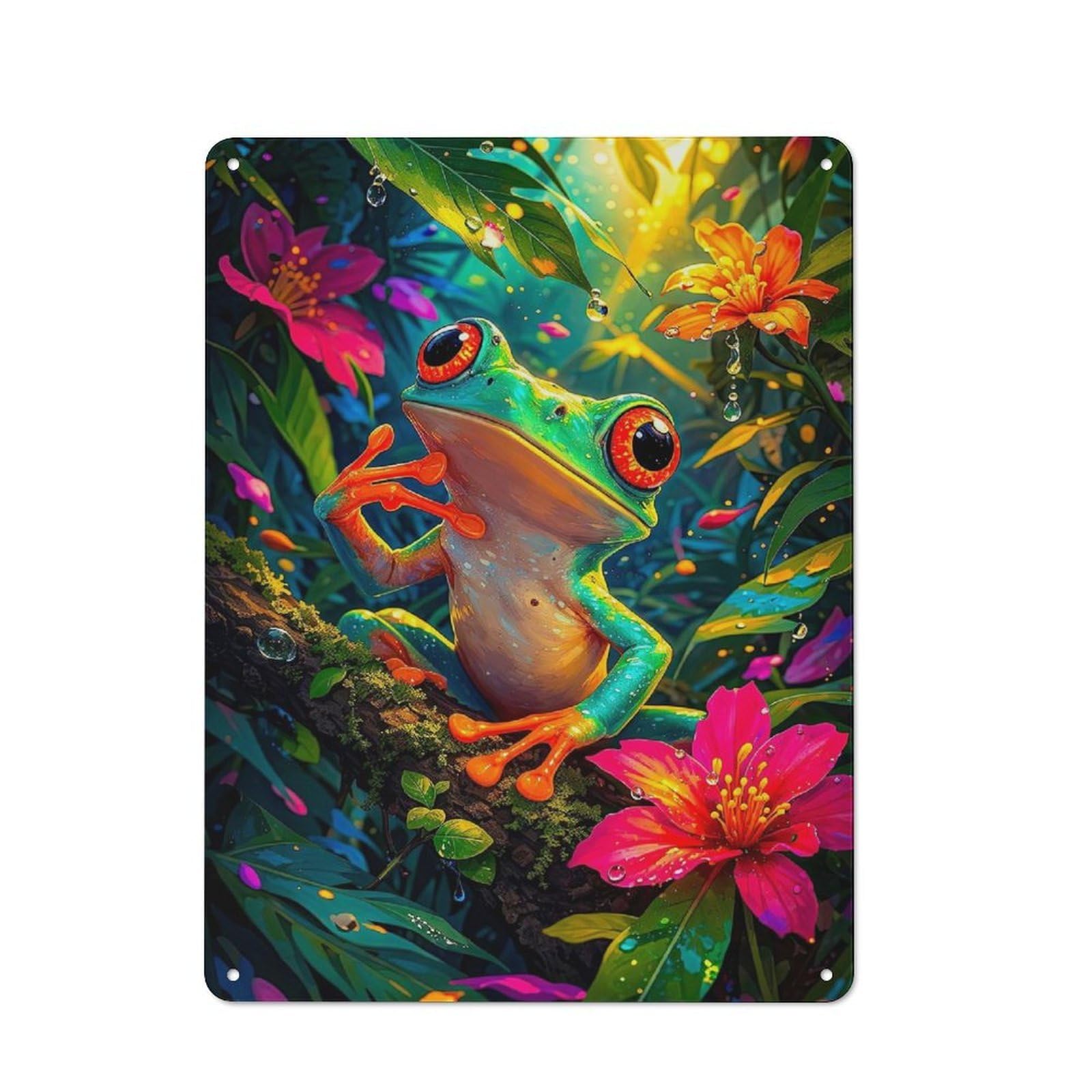 Junmoney Style-13 Metal Wall Sign 40X30cm Featuring Vibrant Red-Eyed Tree Frog In Rainforest For Pub Or Café, Housewarming Wall Decor For People Furnishing Pub And Café