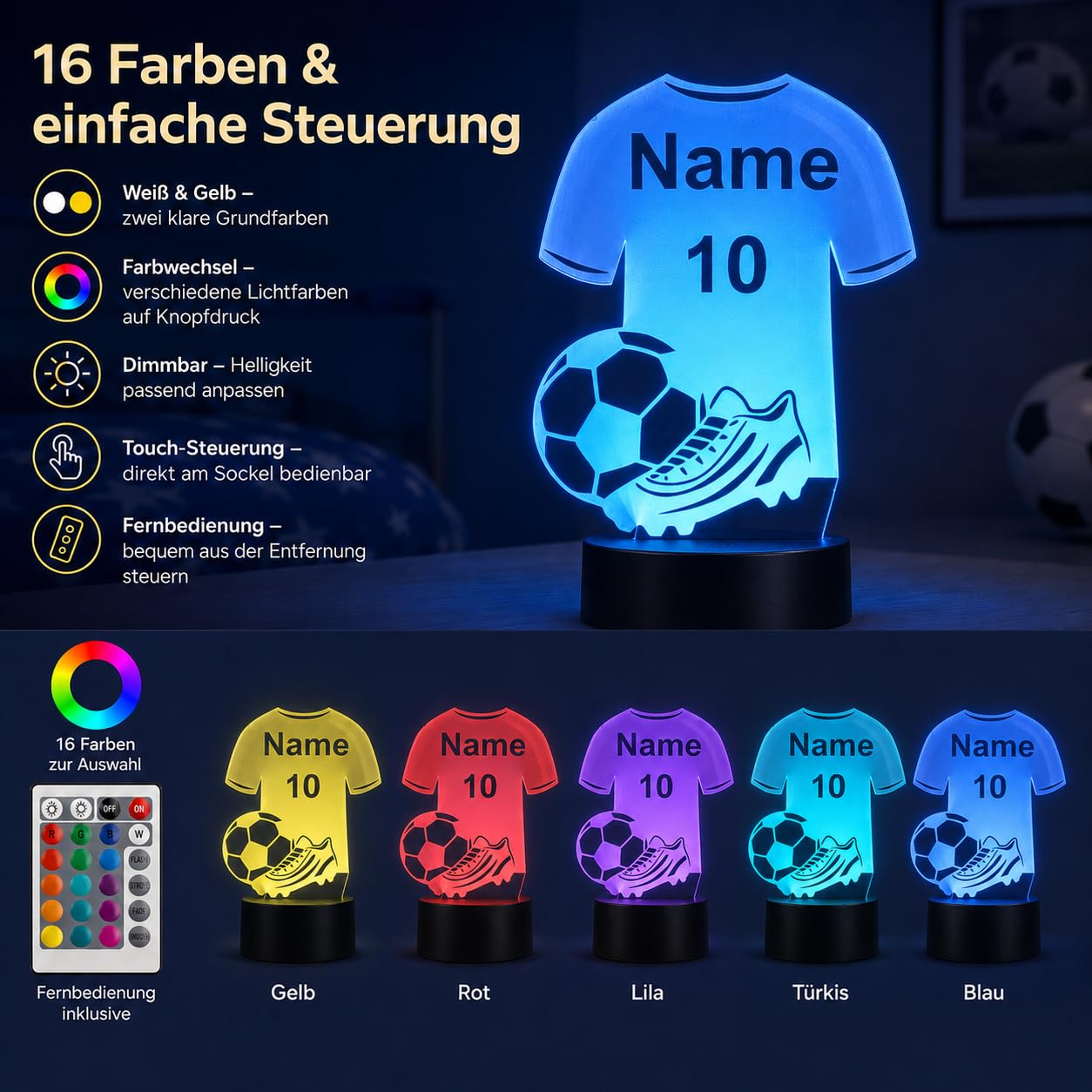 Idea regalo per calciatori per bambini e adulti, luce notturna, lampada da tavolo, decorazione per la casa nome e numero