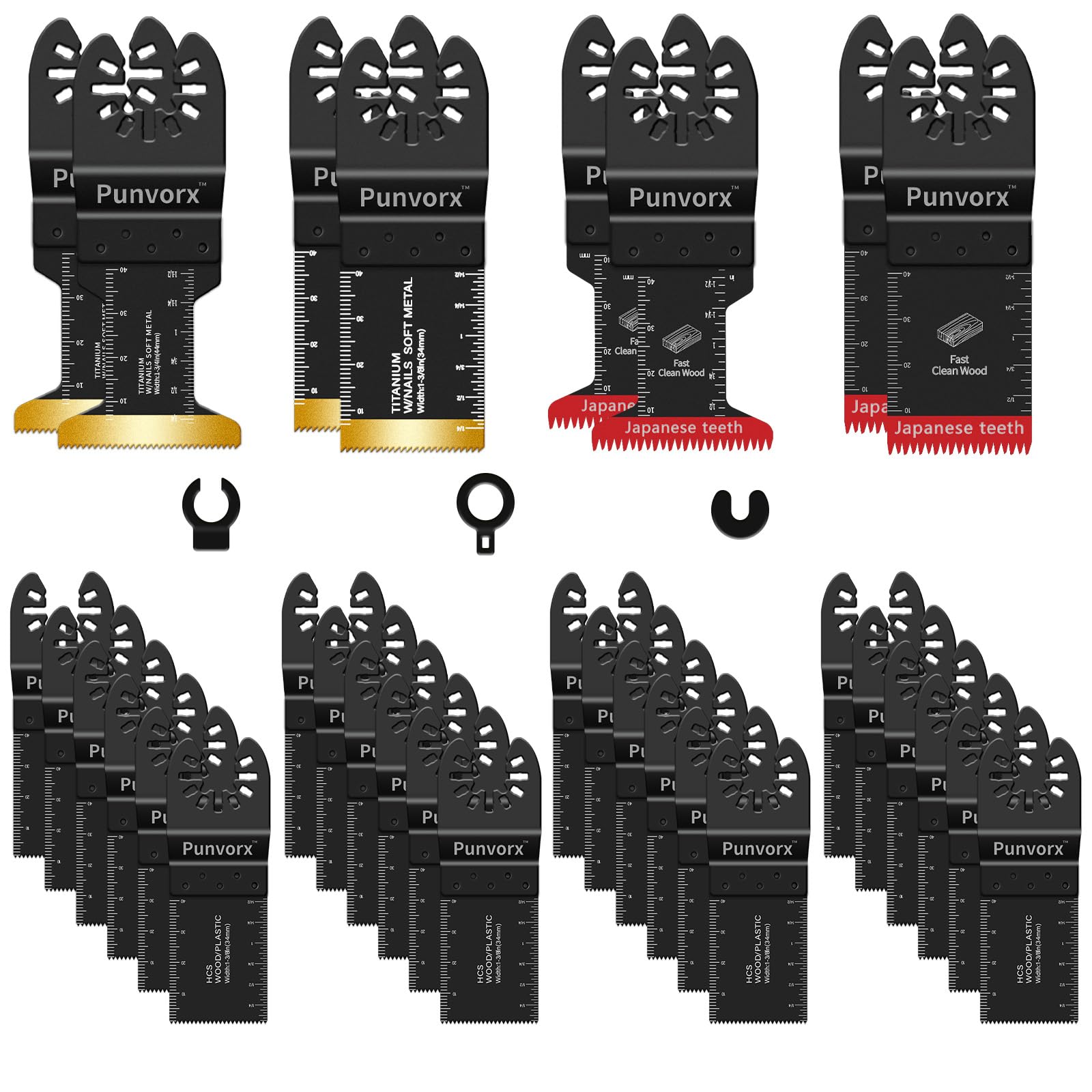 Punvorx 32Pcs Titanium & HCS Multi Tool Blades with Japanese-Teeth for Wood Metal Nails Cutting, Quick Release Oscillating Saw Blades Compatible with Milwaukee, Ryobi, Einhell, Dremel, Rockwell